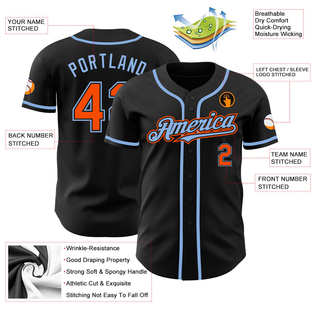 Custom Black Orange-Light Blue Authentic Baseball Jersey baseball jersey product view 3
