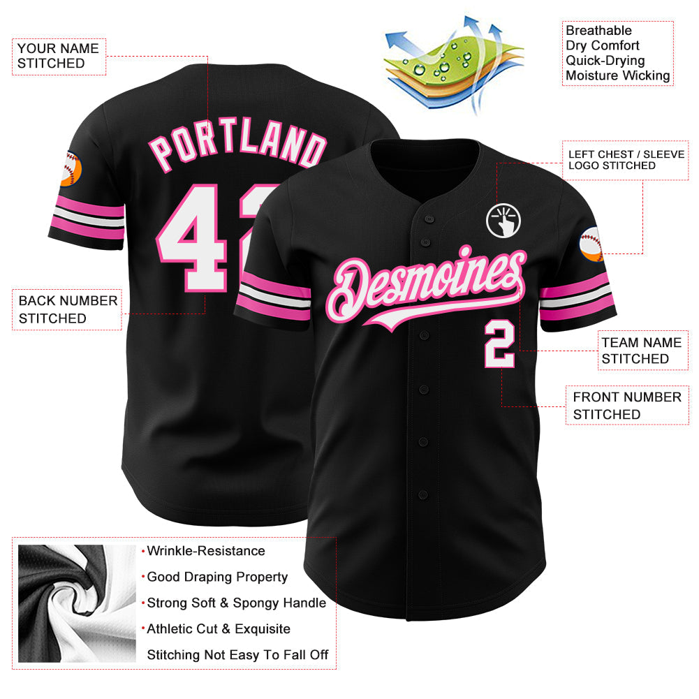 Custom Black White-Pink Authentic Baseball Jersey baseball jersey product view 3