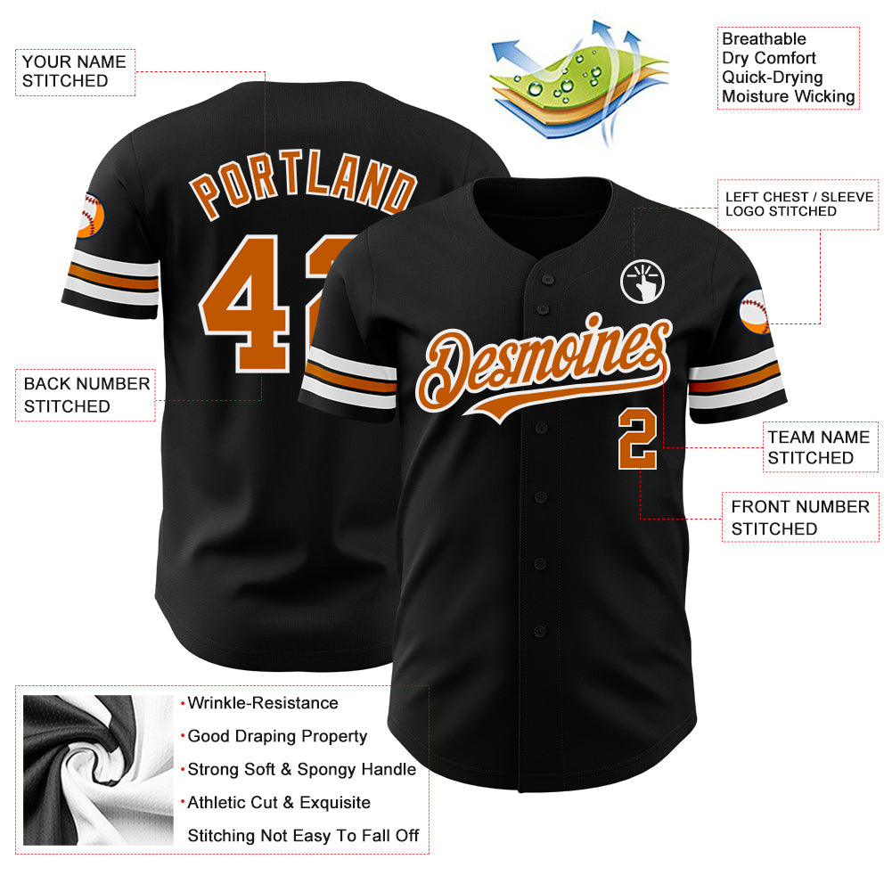 Custom Black Texas Orange-White Authentic Baseball Jersey baseball jersey product view 3