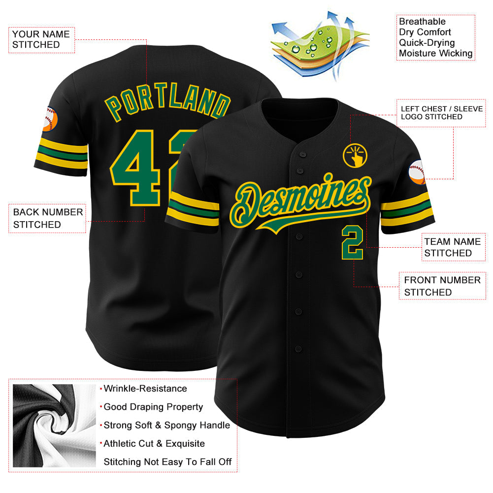Custom Black Kelly Green-Yellow Authentic Baseball Jersey baseball jersey product view 3