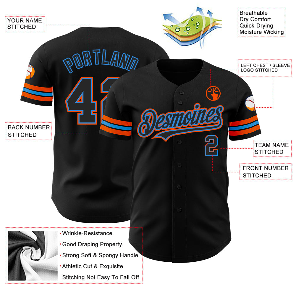 Custom Black Electric Blue-Orange Authentic Baseball Jersey baseball jersey product view 3