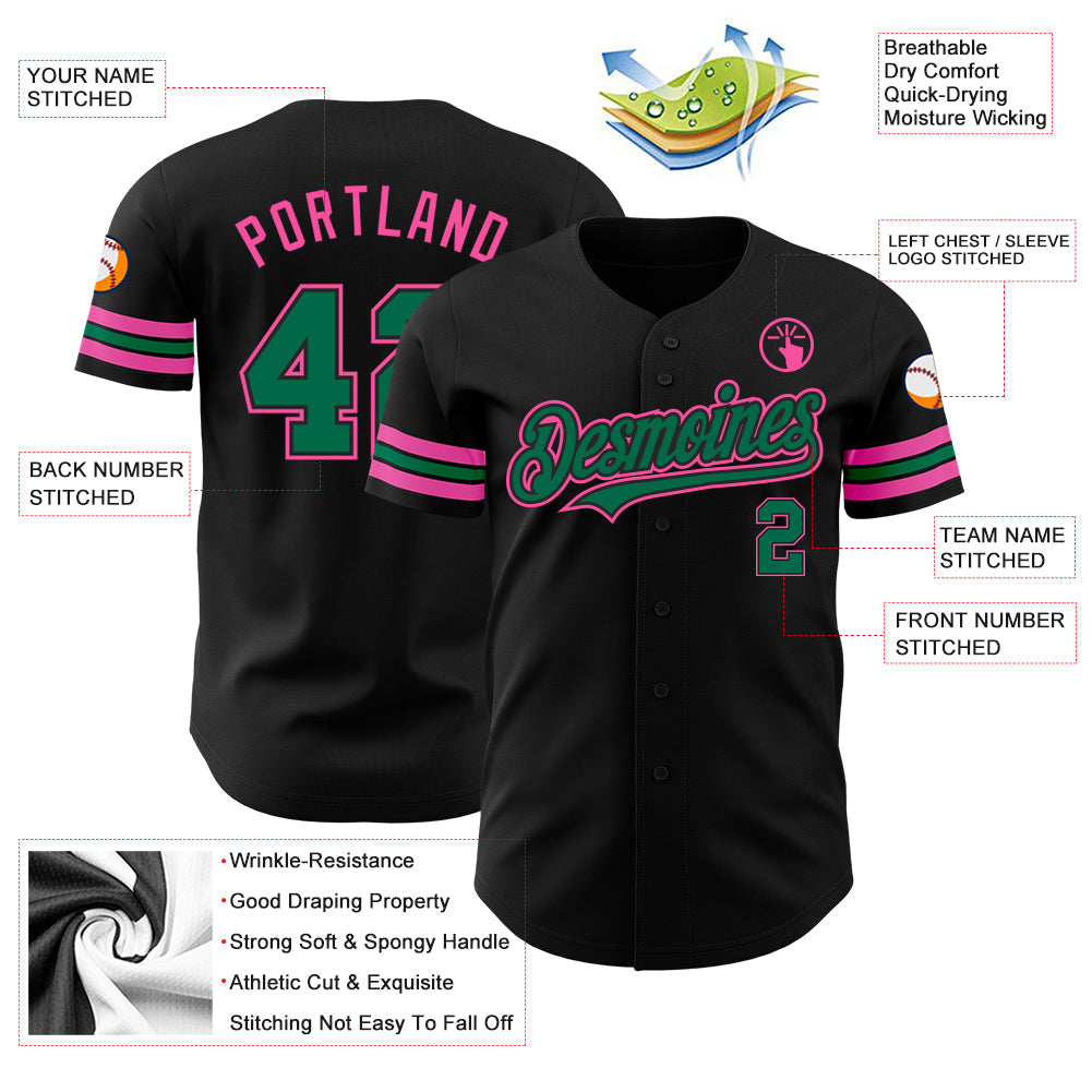 Custom Black Kelly Green-Pink Authentic Baseball Jersey baseball jersey product view 3