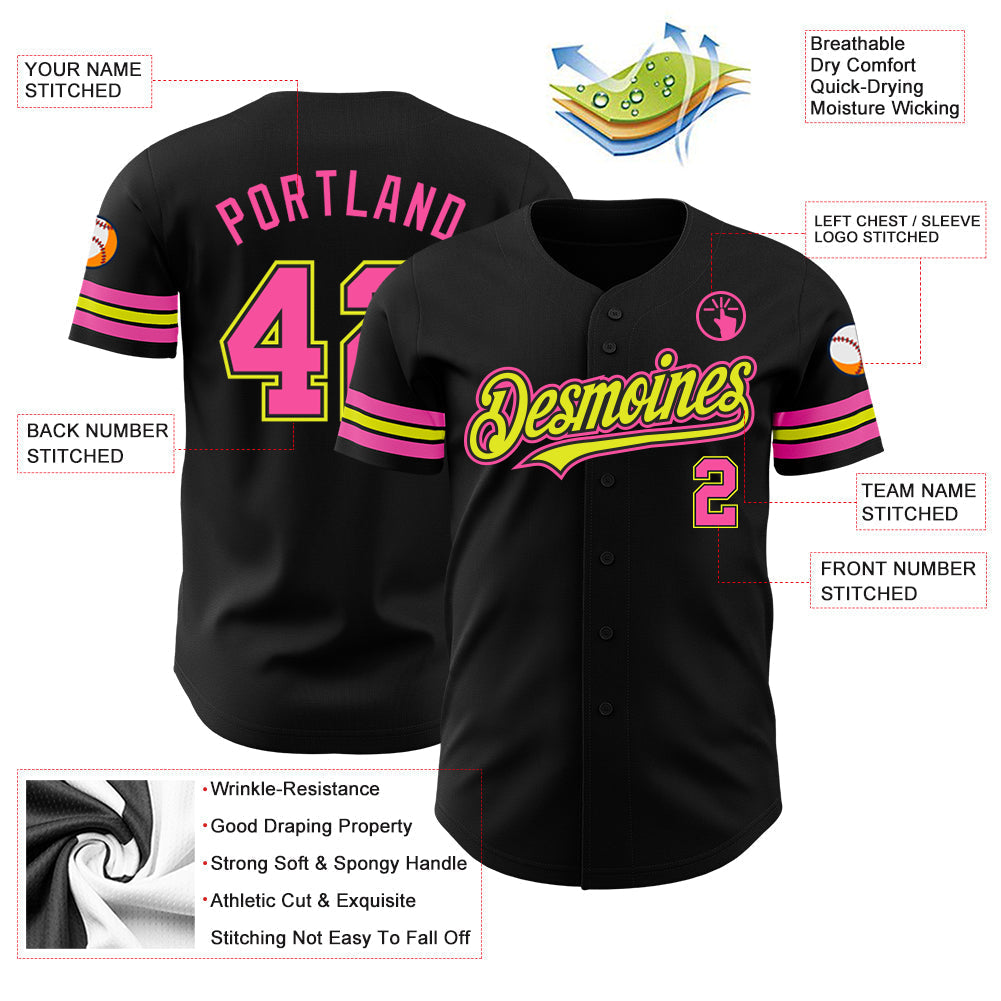 Custom Black Pink-Neon Yellow Authentic Baseball Jersey baseball jersey product view 3