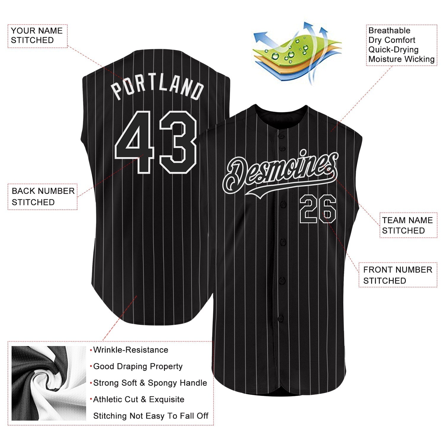 Custom Black White Pinstripe White Authentic Sleeveless Baseball Jersey baseball jersey product view 2