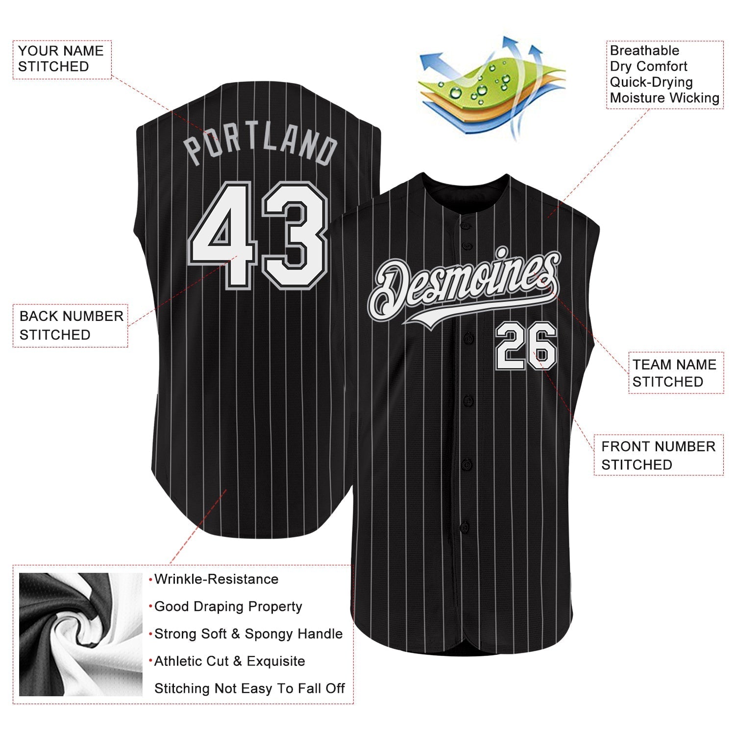 Custom Black White Pinstripe Gray Authentic Sleeveless Baseball Jersey baseball jersey product view 2