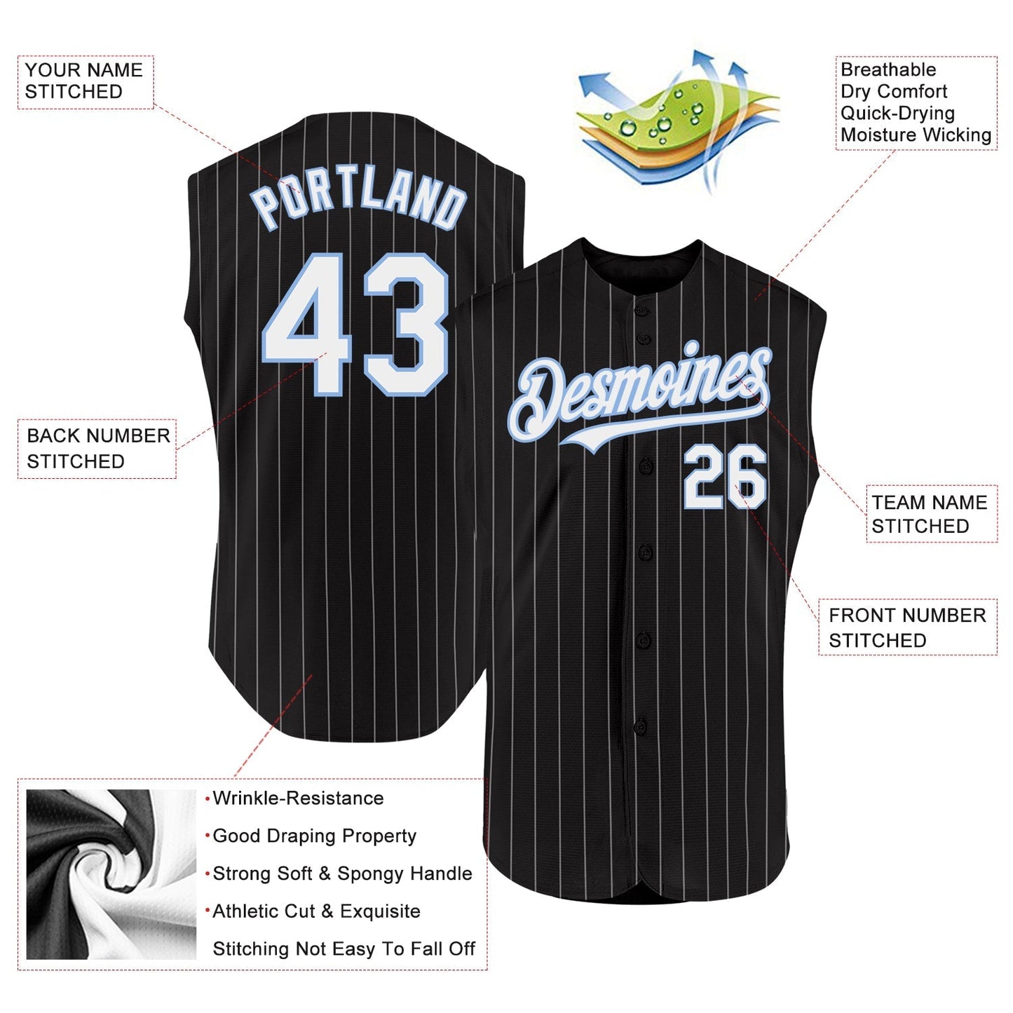 Custom Black White Pinstripe Light Blue Authentic Sleeveless Baseball Jersey baseball jersey product view 2