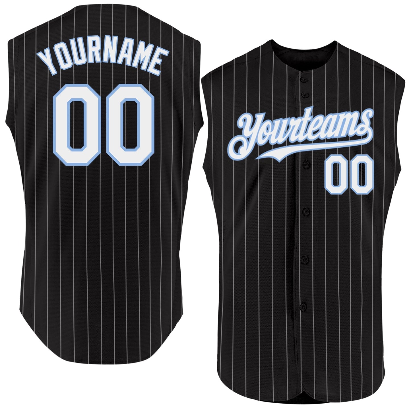 Custom Black White Pinstripe Light Blue Authentic Sleeveless Baseball Jersey baseball jersey product view 1