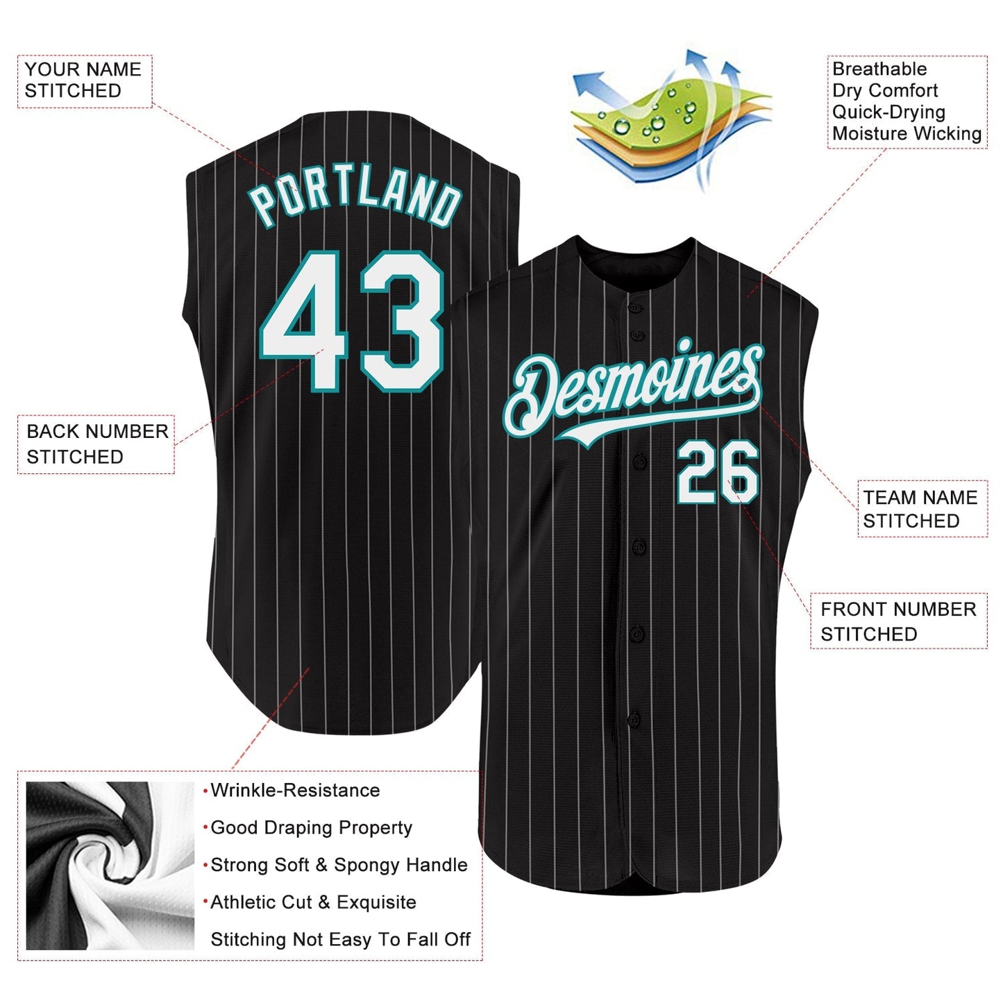 Custom Black White Pinstripe Teal Authentic Sleeveless Baseball Jersey baseball jersey product view 2