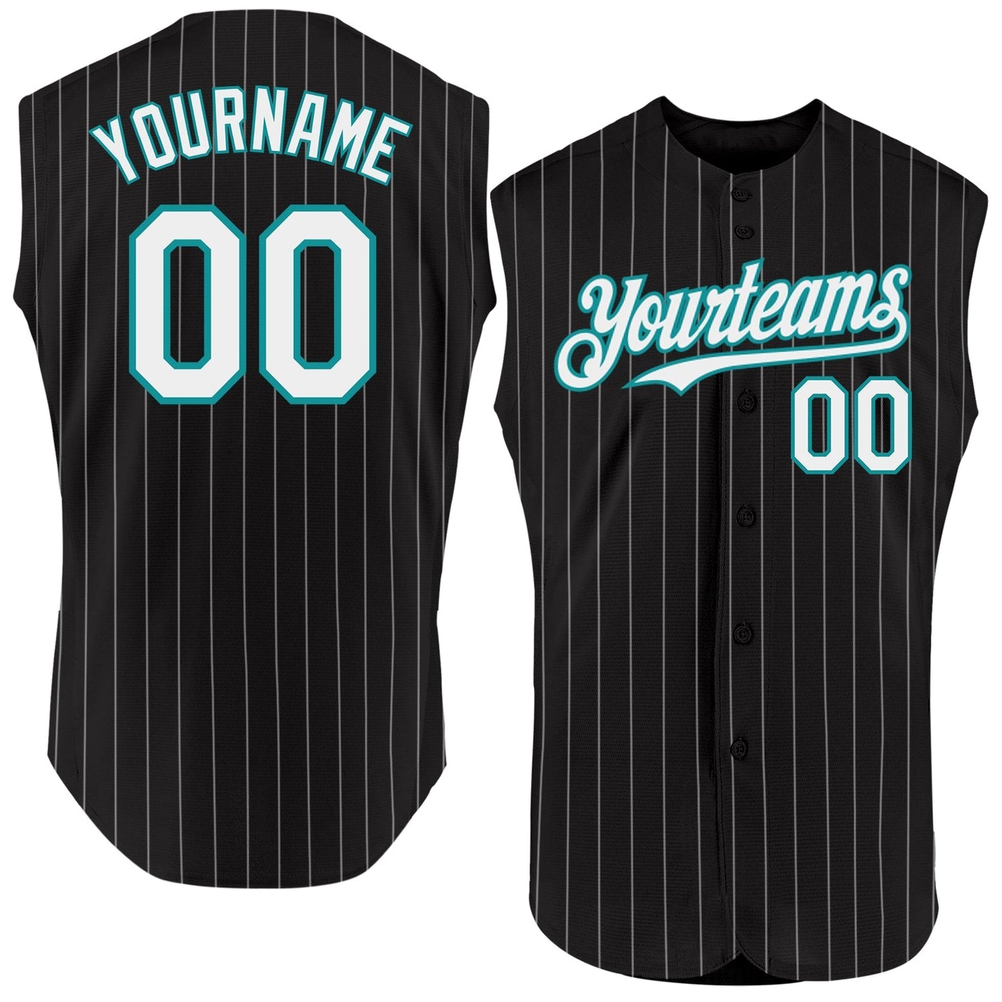 Custom Black White Pinstripe Teal Authentic Sleeveless Baseball Jersey baseball jersey product view 1