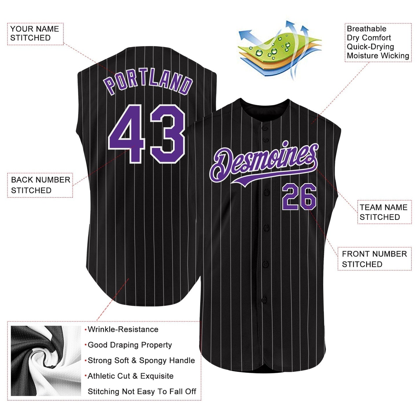Custom Black White Pinstripe Purple Authentic Sleeveless Baseball Jersey baseball jersey product view 2