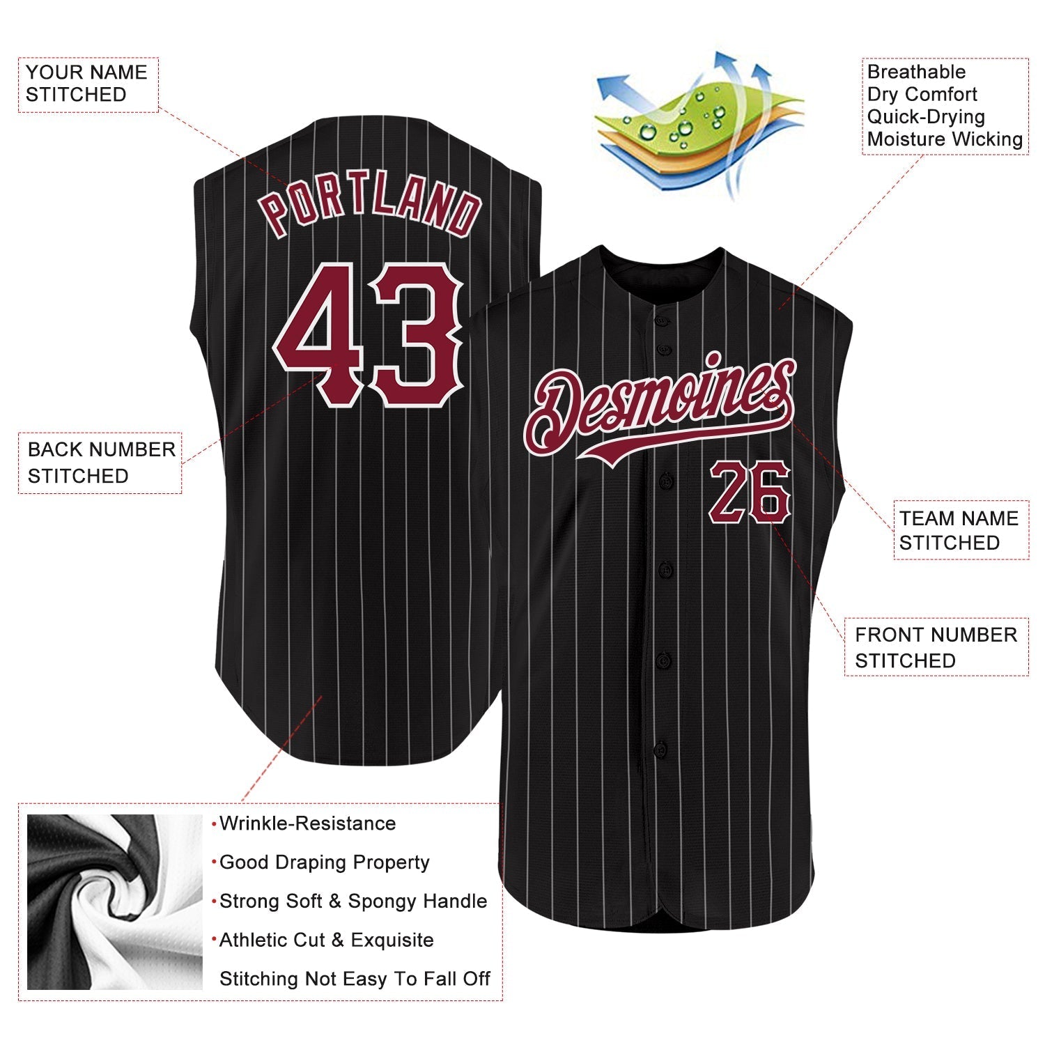 Custom Black White Pinstripe Crimson Authentic Sleeveless Baseball Jersey baseball jersey product view 2