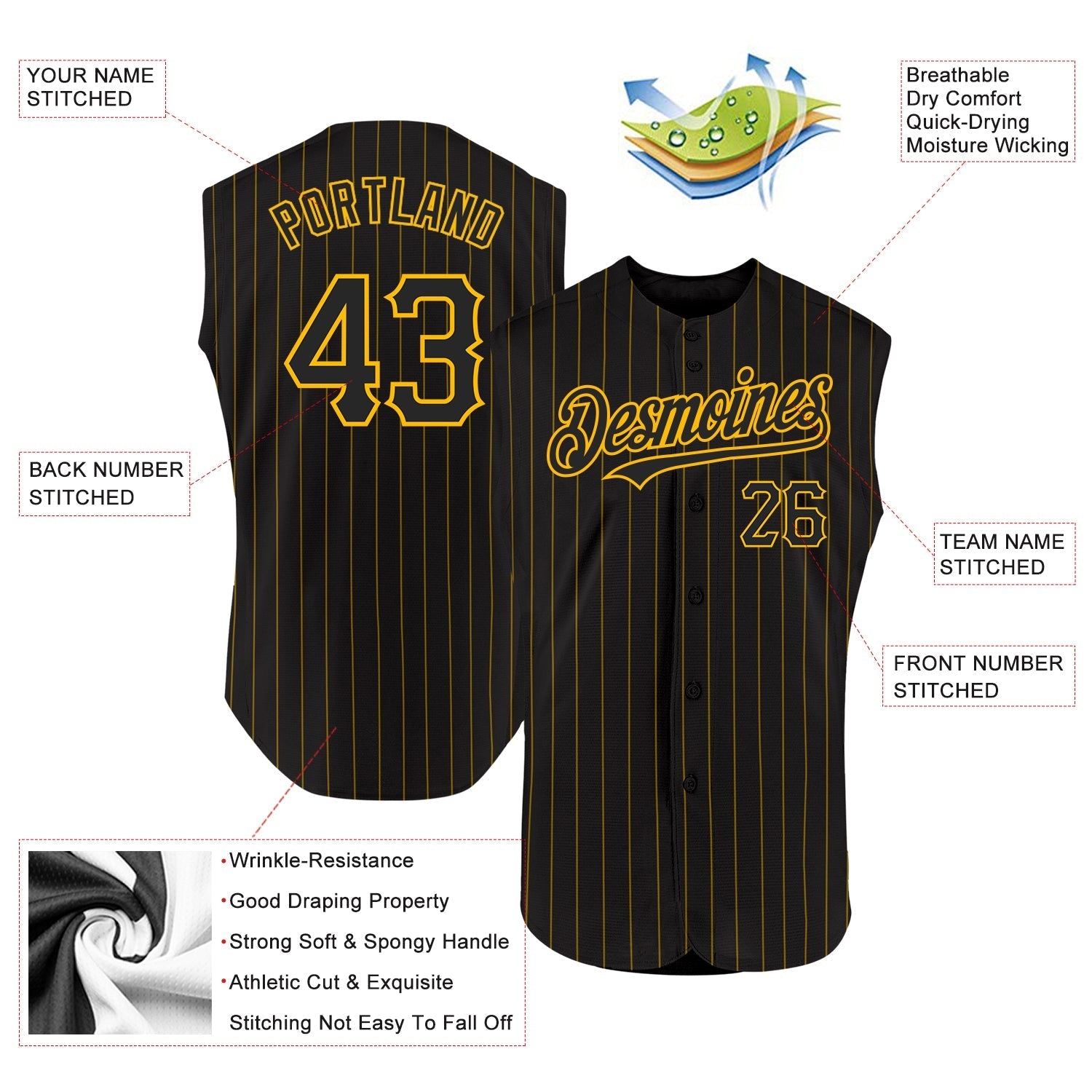 Custom Black Gold Pinstripe Gold Authentic Sleeveless Baseball Jersey baseball jersey product view 2