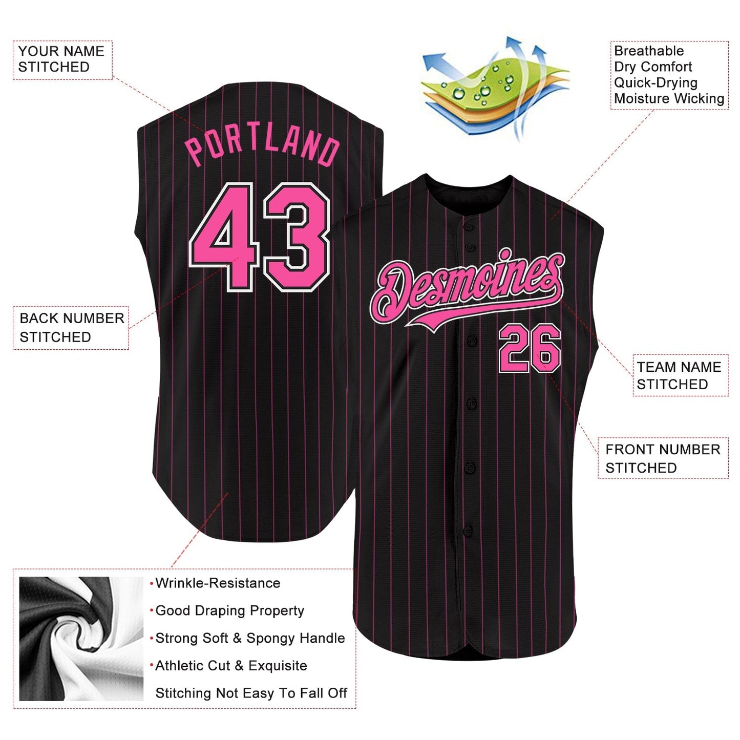 Custom Black Pink Pinstripe White Authentic Sleeveless Baseball Jersey baseball jersey product view 2