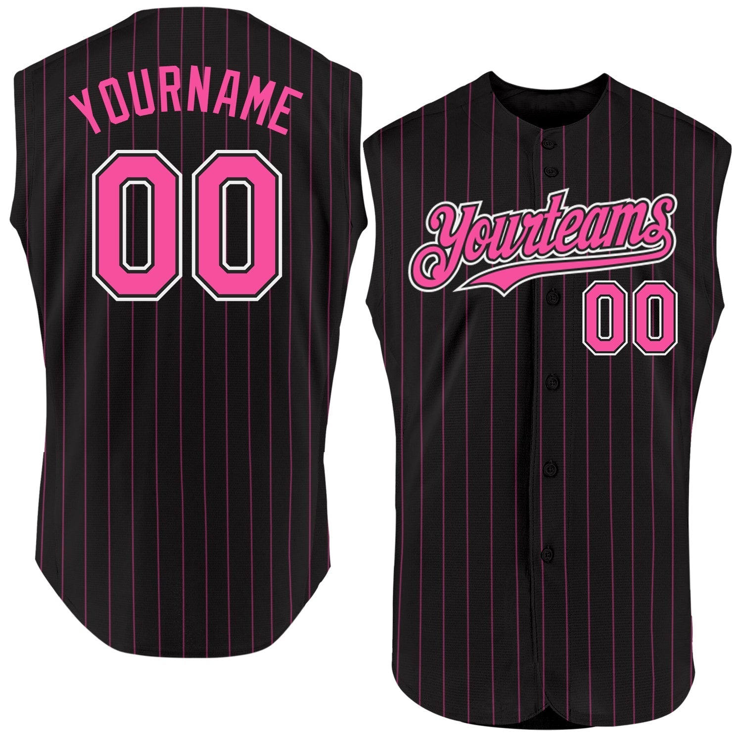 Custom Black Pink Pinstripe White Authentic Sleeveless Baseball Jersey baseball jersey product view 1