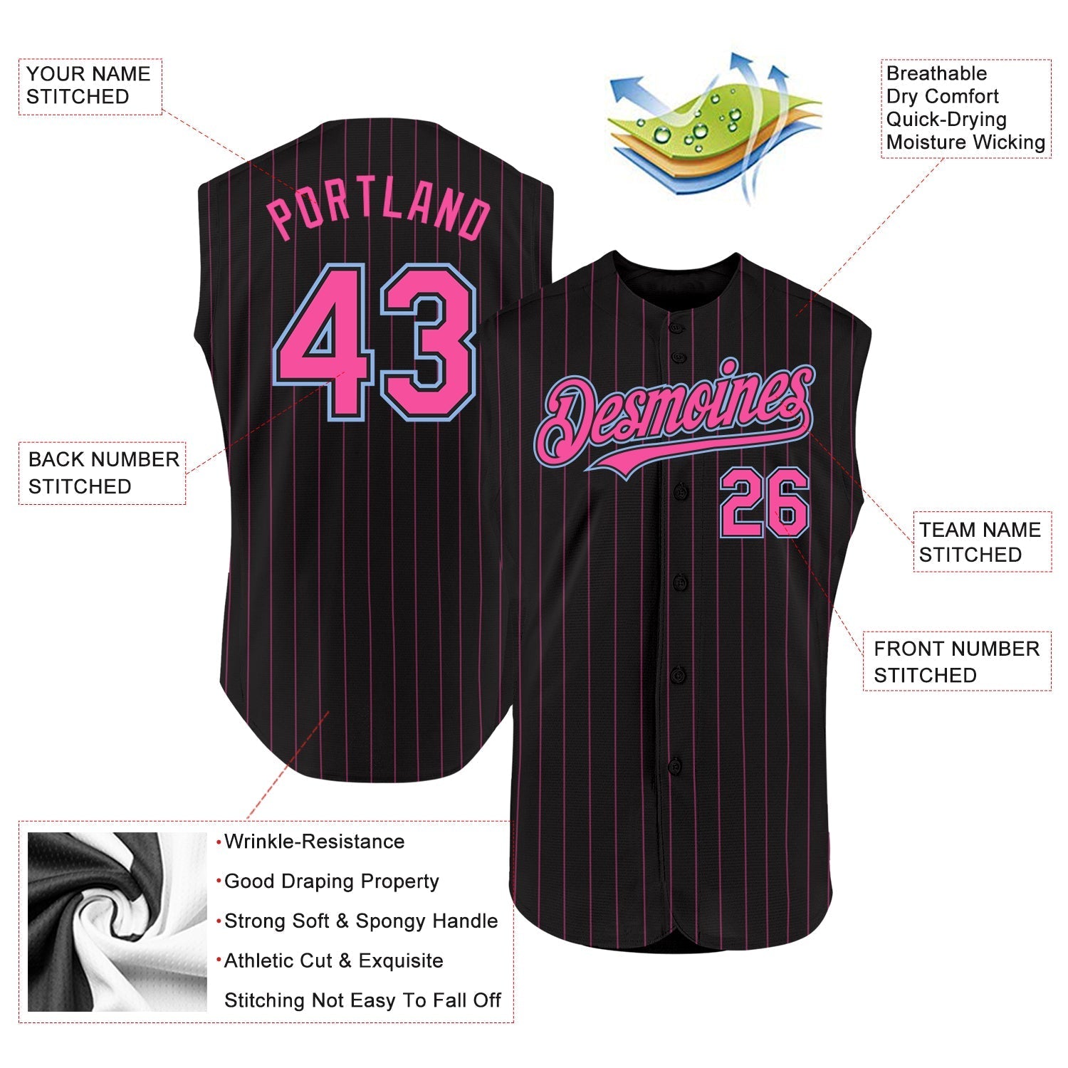 Custom Black Pink Pinstripe Light Blue Authentic Sleeveless Baseball Jersey baseball jersey product view 2