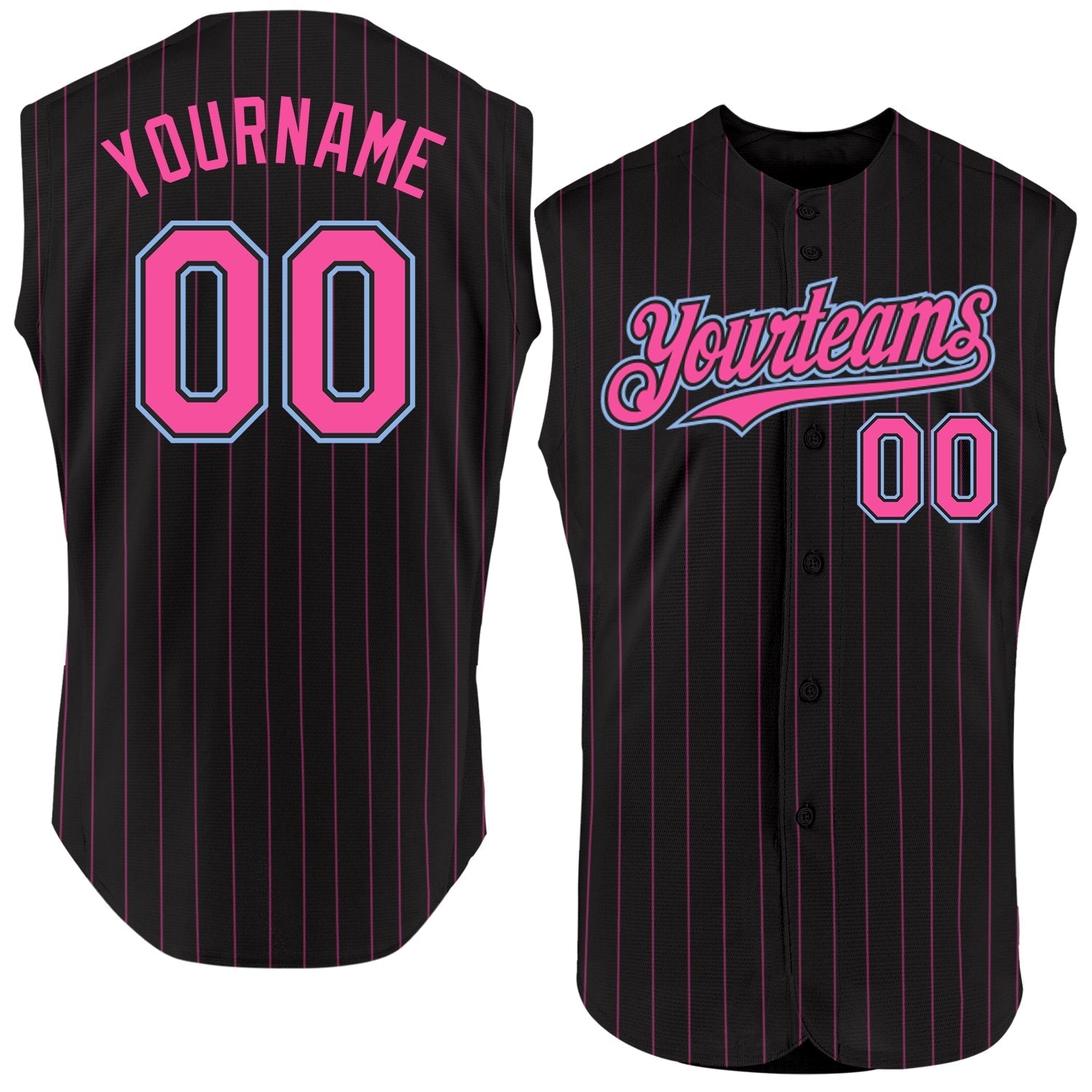 Custom Black Pink Pinstripe Light Blue Authentic Sleeveless Baseball Jersey baseball jersey product view 1