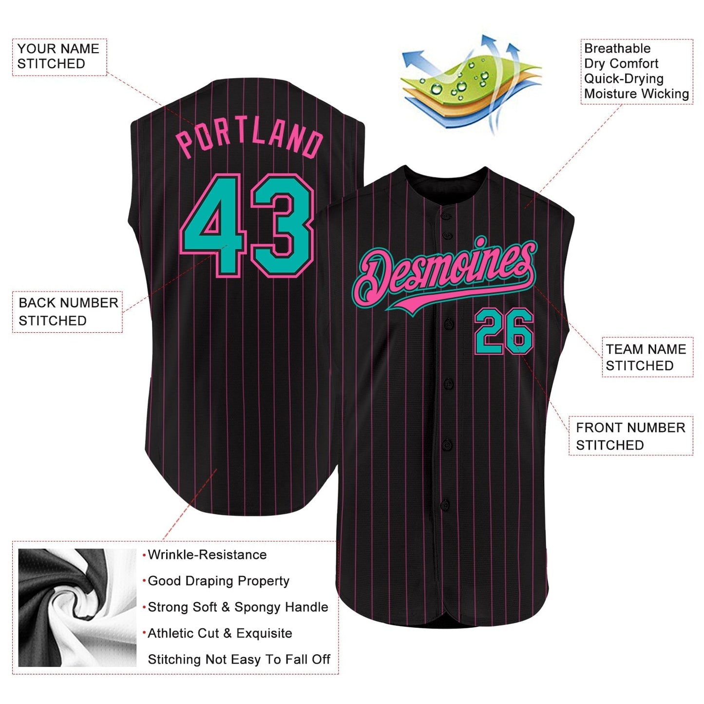 Custom Black Pink Pinstripe Aqua Authentic Sleeveless Baseball Jersey baseball jersey product view 2