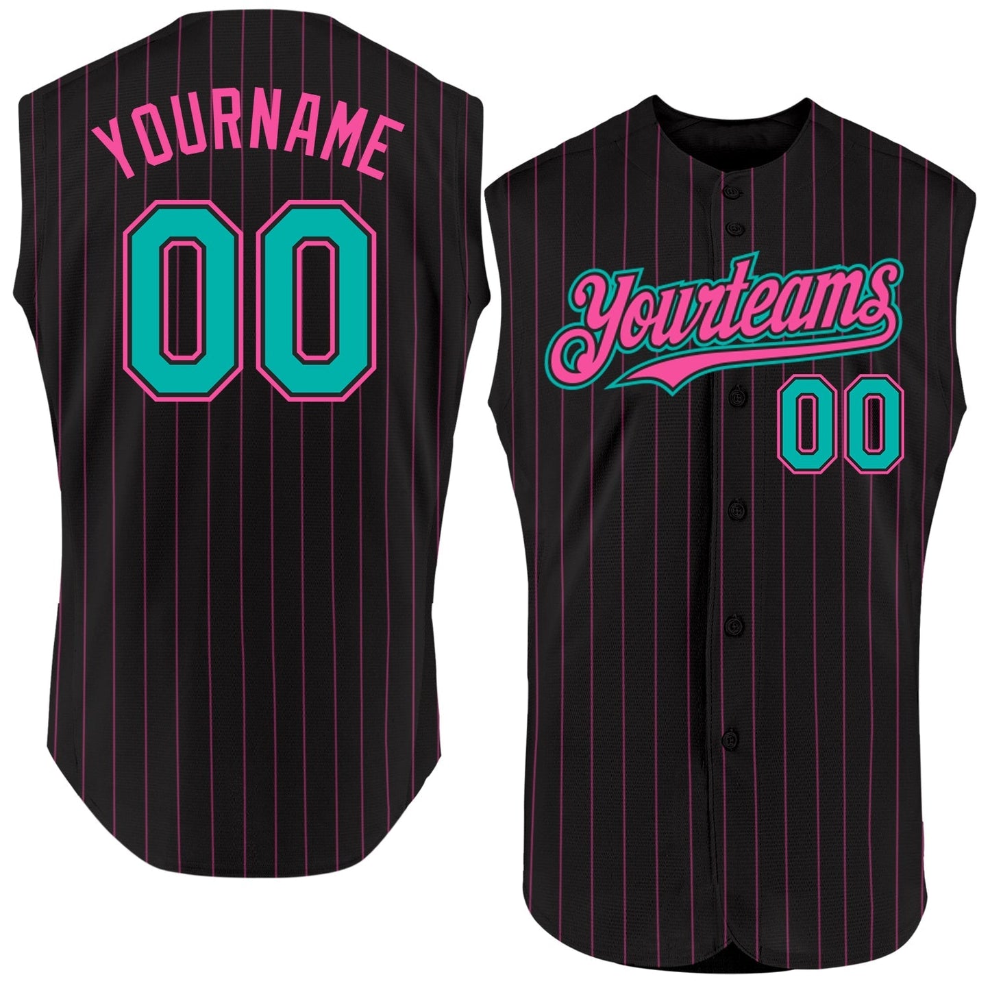 Custom Black Pink Pinstripe Aqua Authentic Sleeveless Baseball Jersey baseball jersey product view 1