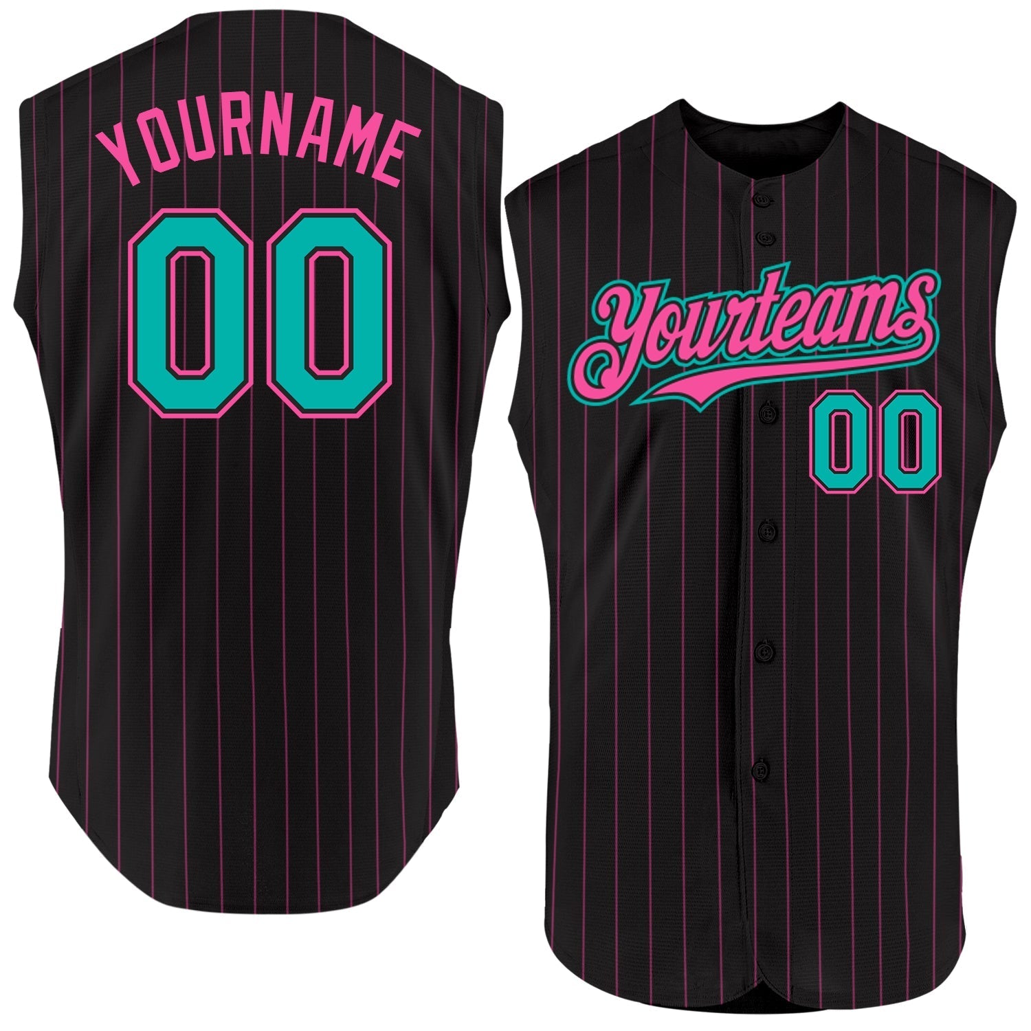 Custom Black Pink Pinstripe Aqua Authentic Sleeveless Baseball Jersey baseball jersey product view 1