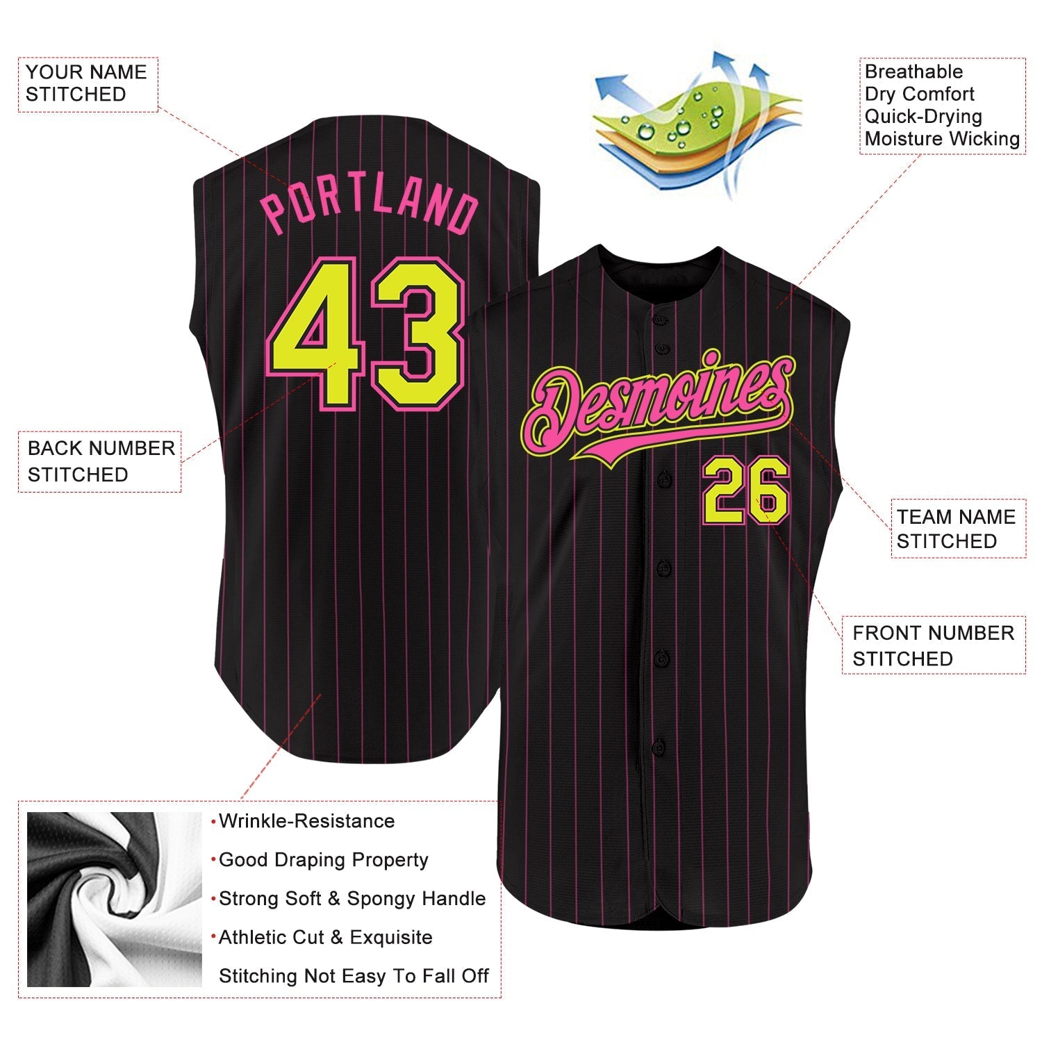 Custom Black Pink Pinstripe Neon Yellow Authentic Sleeveless Baseball Jersey baseball jersey product view 2