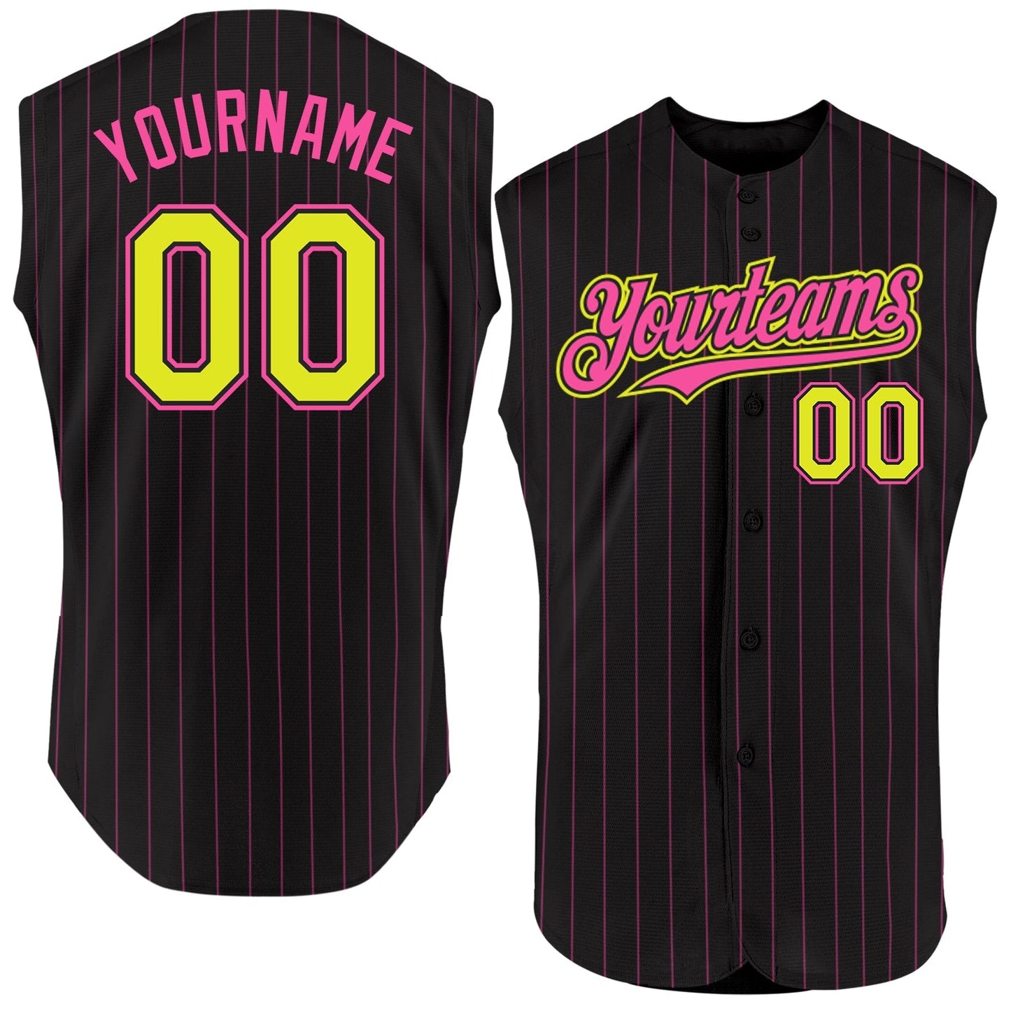 Custom Black Pink Pinstripe Neon Yellow Authentic Sleeveless Baseball Jersey baseball jersey product view 1