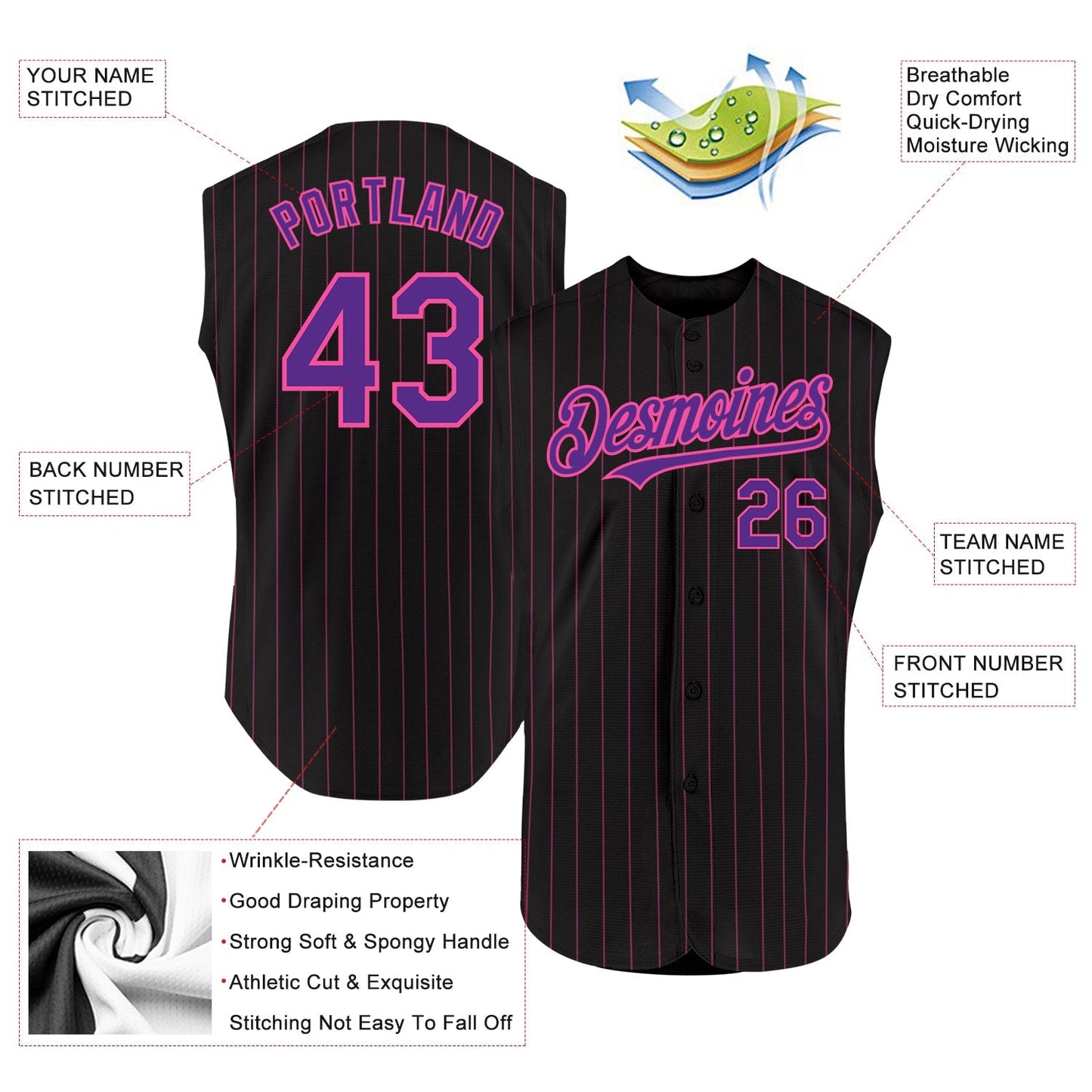 Custom Black Pink Pinstripe Purple Authentic Sleeveless Baseball Jersey baseball jersey product view 2