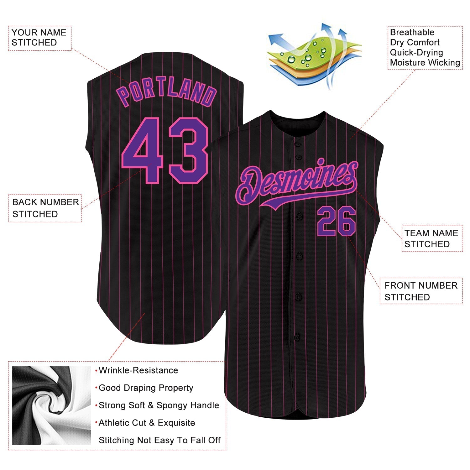 Custom Black Pink Pinstripe Purple Authentic Sleeveless Baseball Jersey baseball jersey product view 2