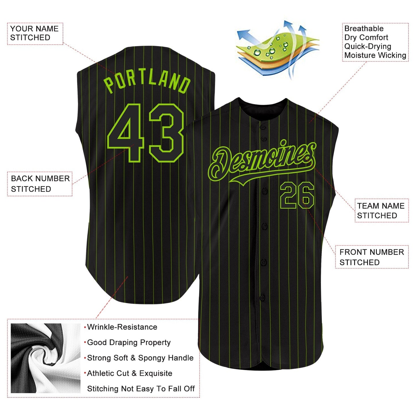 Custom Black Neon Green Pinstripe Neon Green Authentic Sleeveless Baseball Jersey baseball jersey product view 3