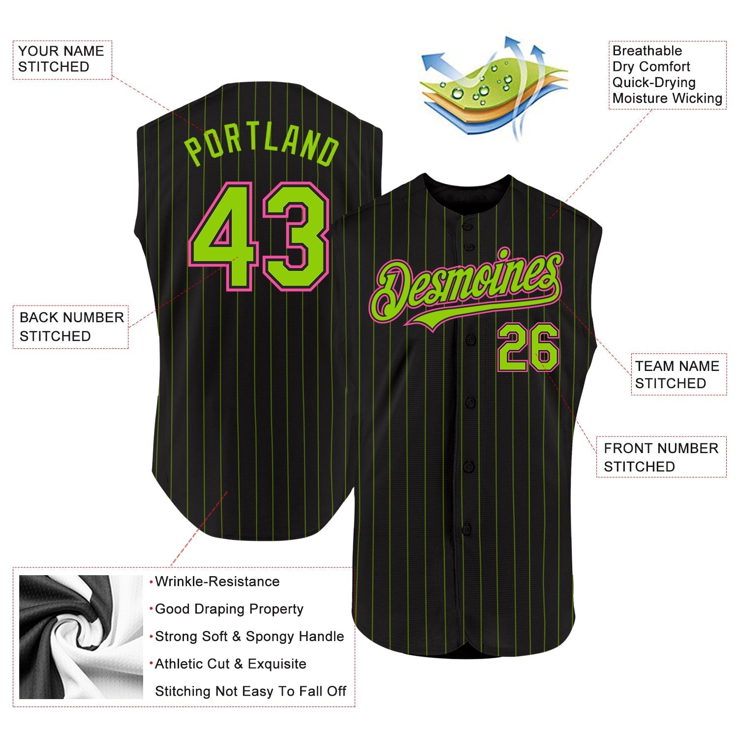 Custom Black Neon Green Pinstripe Pink Authentic Sleeveless Baseball Jersey baseball jersey product view 2