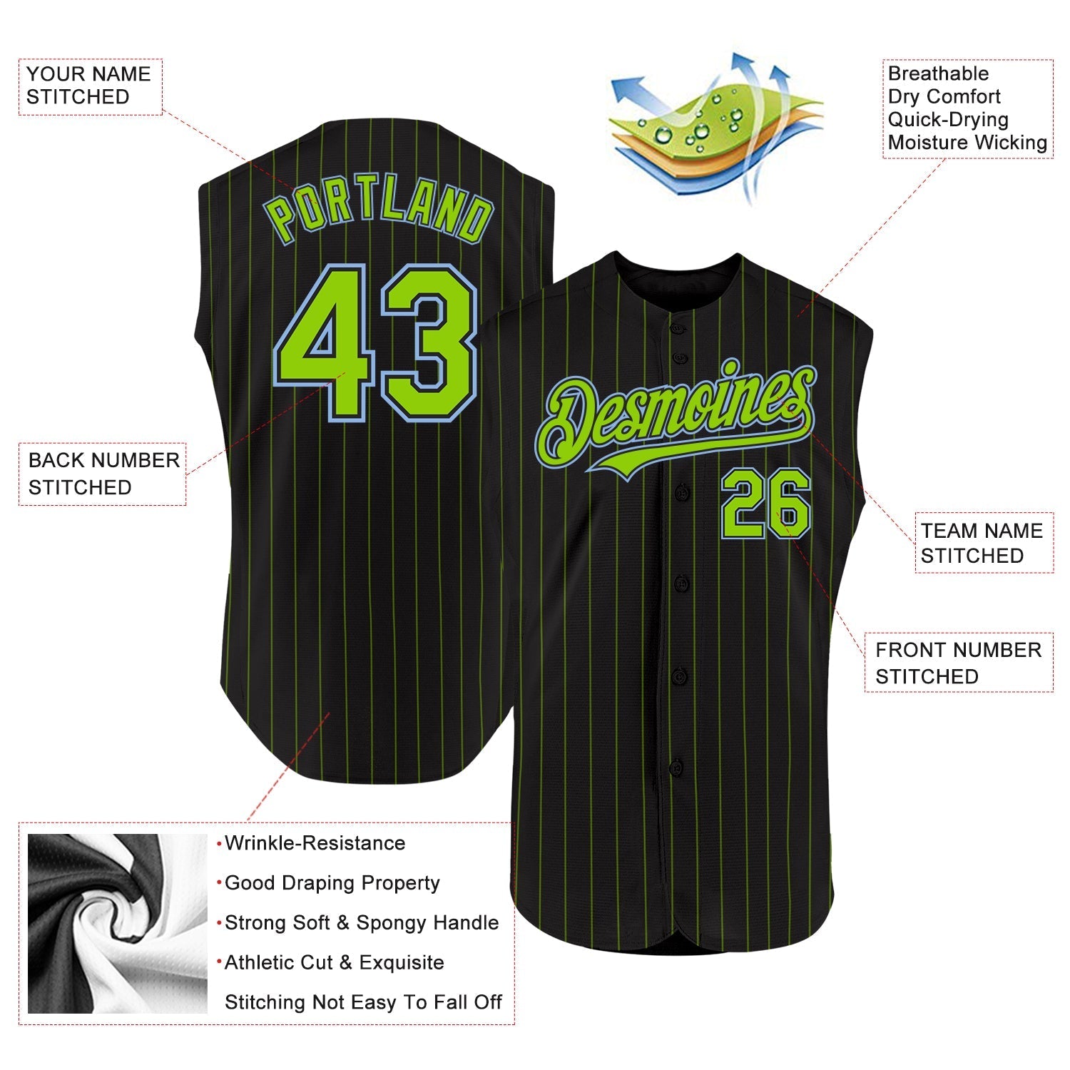 Custom Black Neon Green Pinstripe Light Blue Authentic Sleeveless Baseball Jersey baseball jersey product view 2