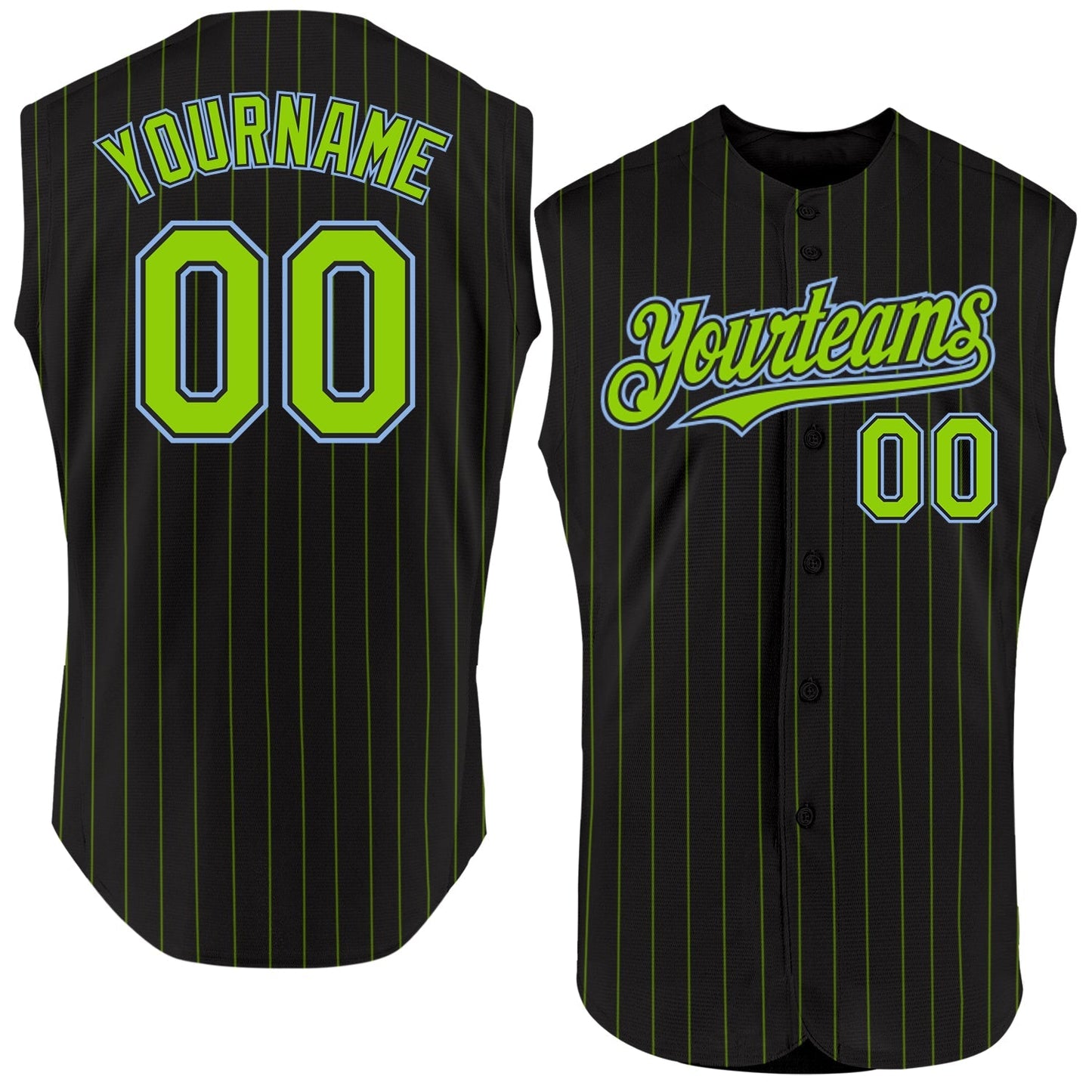 Custom Black Neon Green Pinstripe Light Blue Authentic Sleeveless Baseball Jersey baseball jersey product view 1