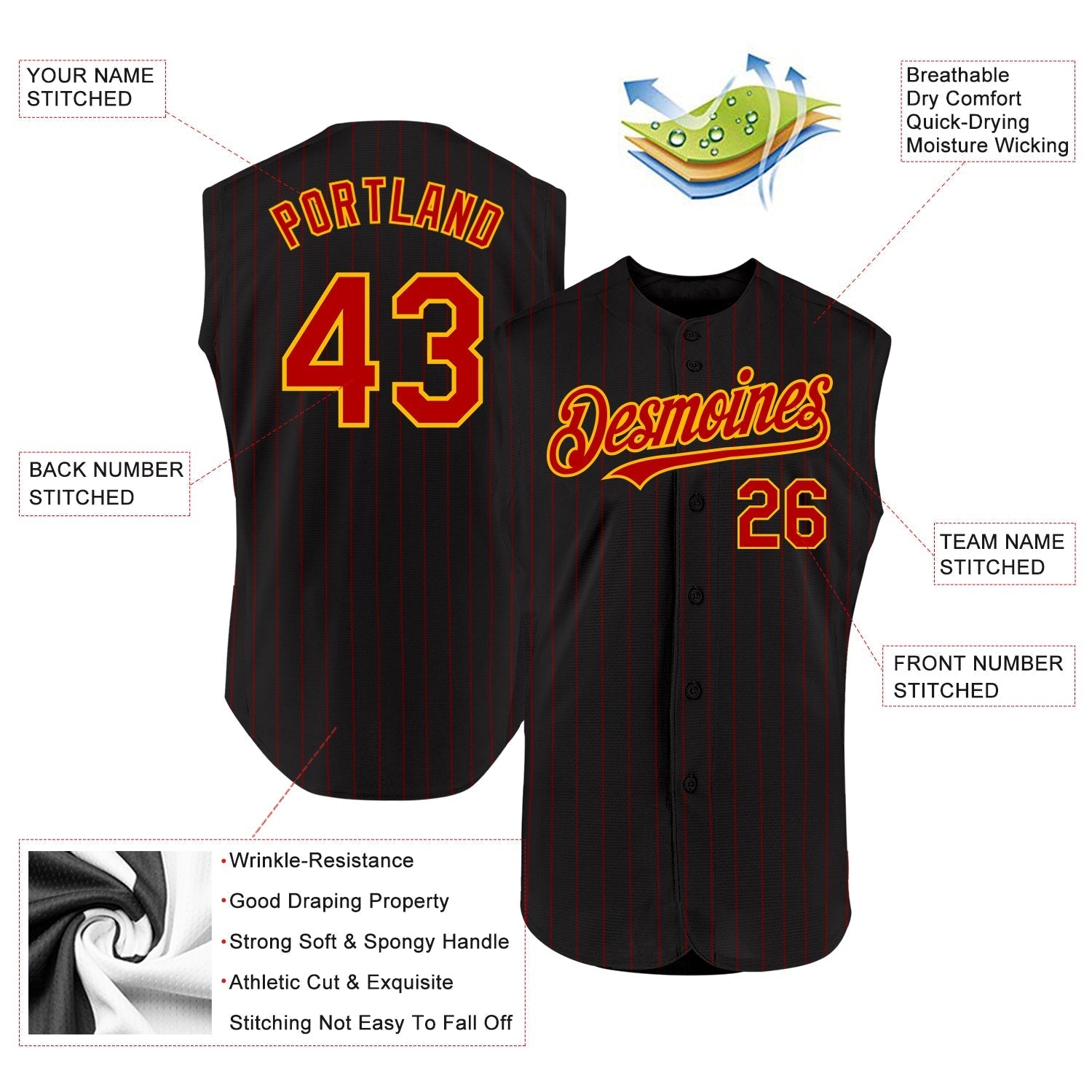 Custom Black Red Pinstripe Gold Authentic Sleeveless Baseball Jersey baseball jersey product view 2