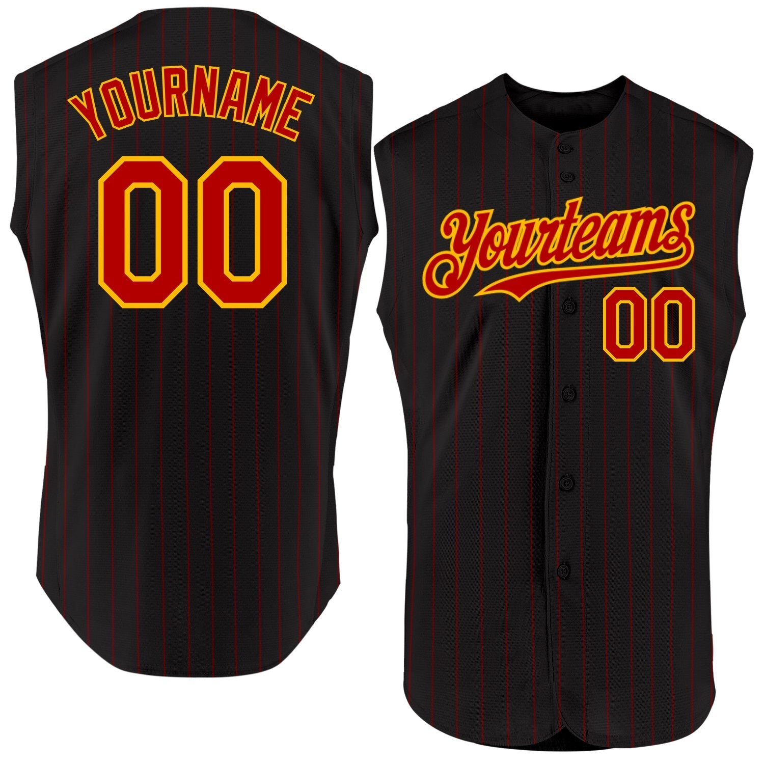 Custom Black Red Pinstripe Gold Authentic Sleeveless Baseball Jersey baseball jersey product view 1