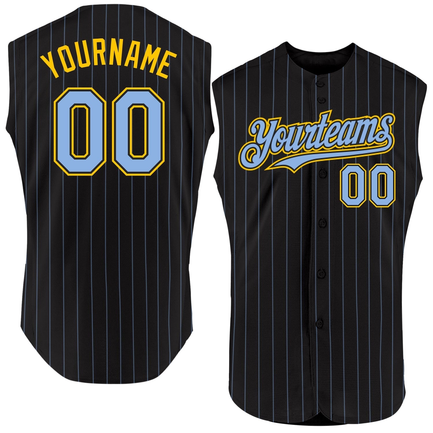 Custom Black Light Blue Pinstripe Yellow Authentic Sleeveless Baseball Jersey baseball jersey product view 1