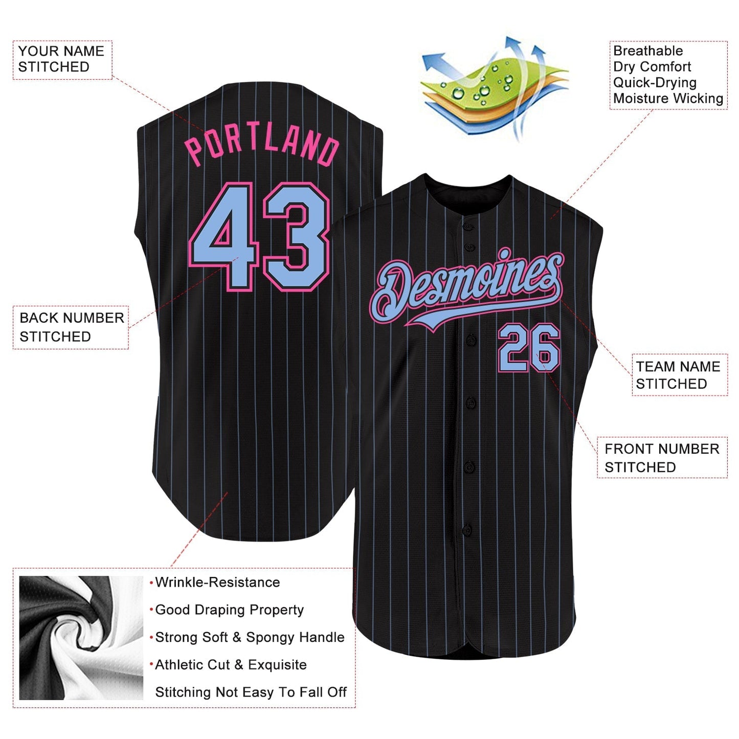 Custom Black Light Blue Pinstripe Pink Authentic Sleeveless Baseball Jersey baseball jersey product view 2