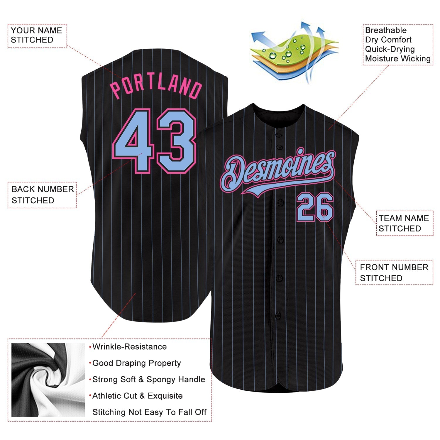 Custom Black Light Blue Pinstripe Pink Authentic Sleeveless Baseball Jersey baseball jersey product view 2
