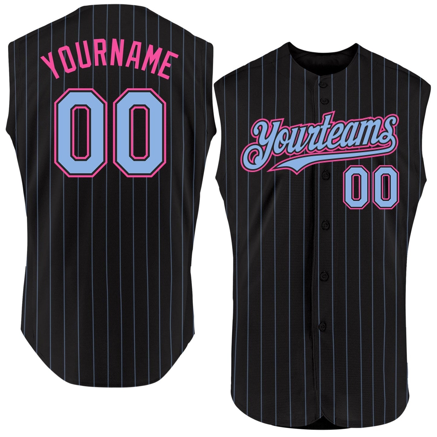 Custom Black Light Blue Pinstripe Pink Authentic Sleeveless Baseball Jersey baseball jersey product view 1