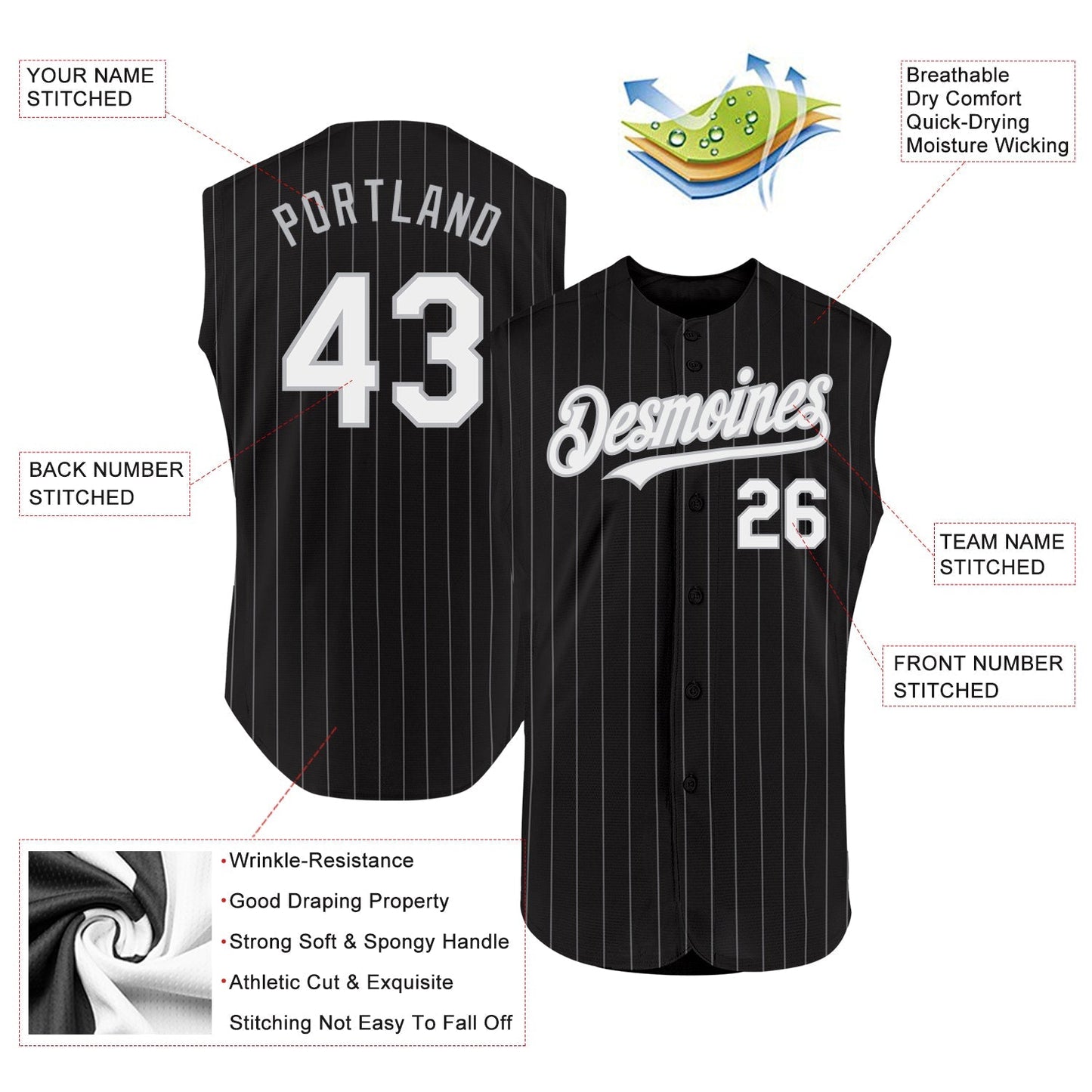 Custom Black Gray Pinstripe White Authentic Sleeveless Baseball Jersey baseball jersey product view 2