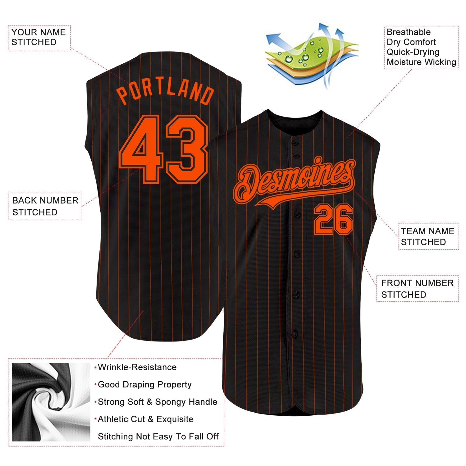 Custom Black Orange Pinstripe Orange Authentic Sleeveless Baseball Jersey baseball jersey product view 2