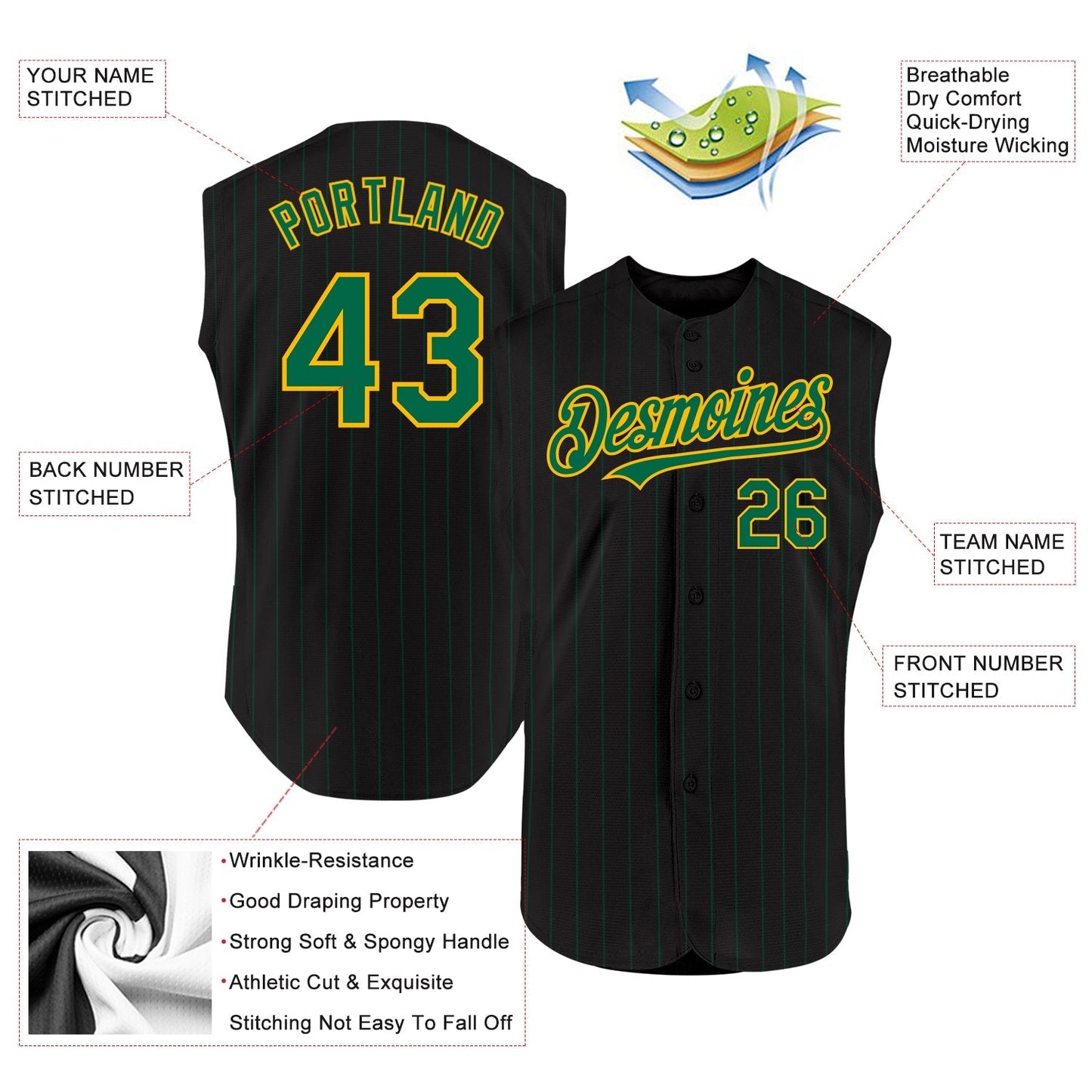 Custom Black Kelly Green Pinstripe Gold Authentic Sleeveless Baseball Jersey baseball jersey product view 2