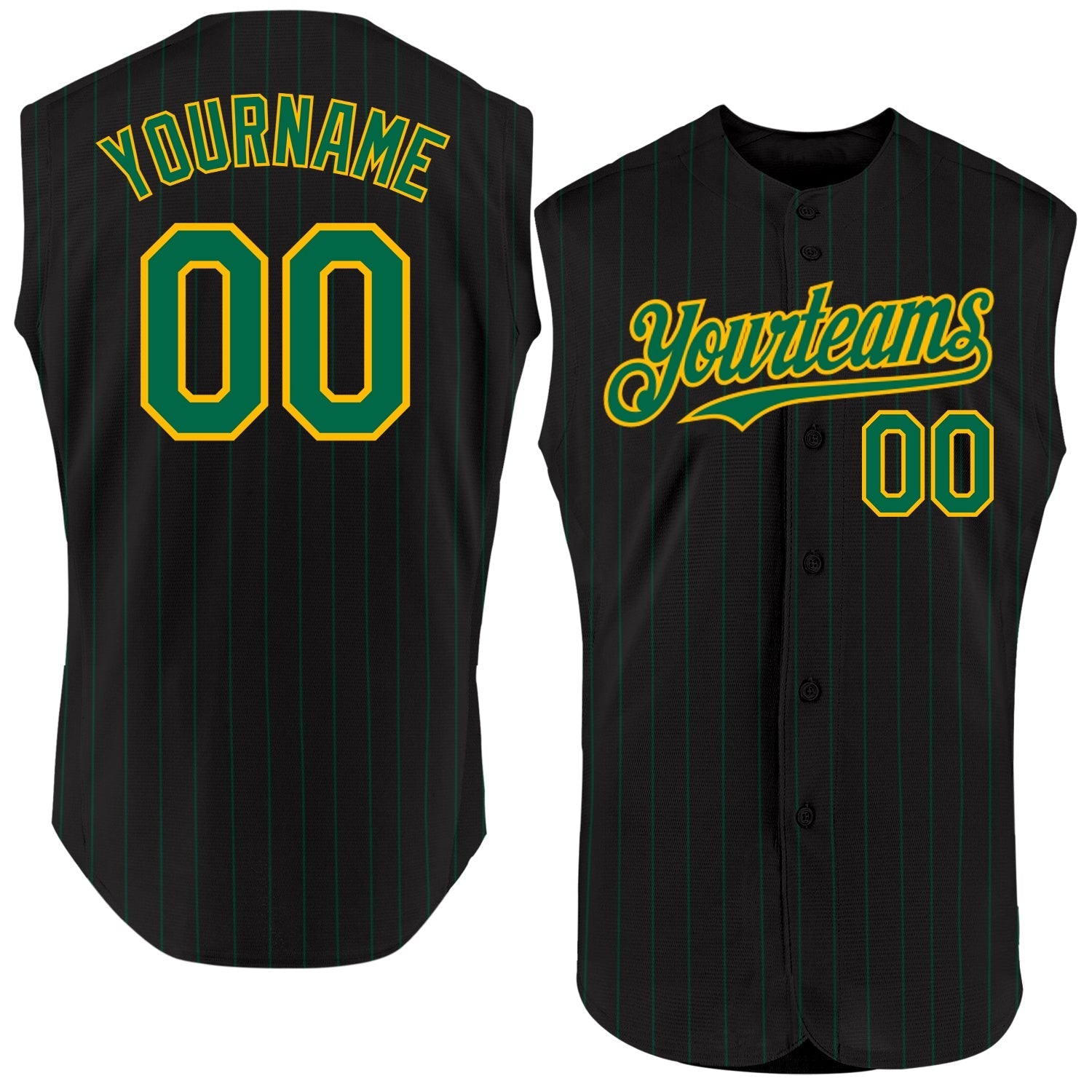 Custom Black Kelly Green Pinstripe Gold Authentic Sleeveless Baseball Jersey baseball jersey product view 1