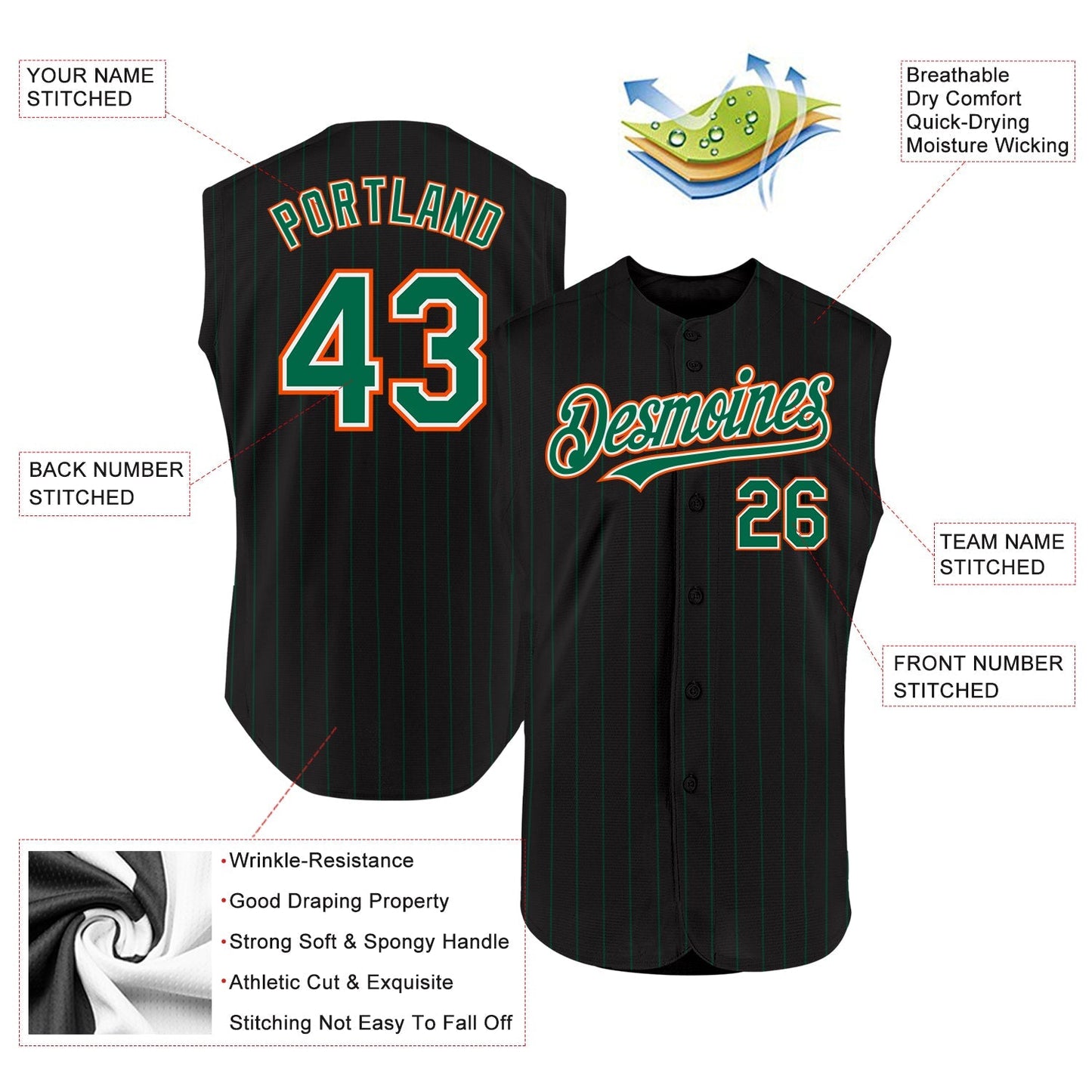 Custom Black Kelly Green Pinstripe White-Orange Authentic Sleeveless Baseball Jersey baseball jersey product view 2