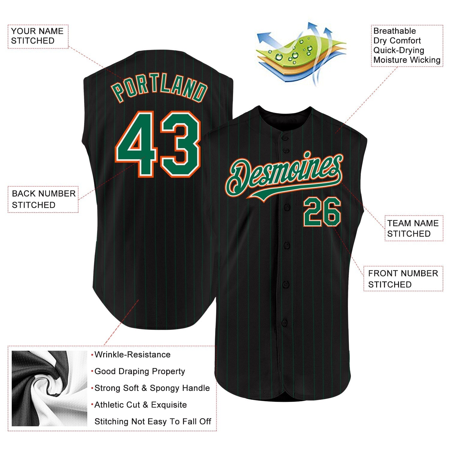 Custom Black Kelly Green Pinstripe White-Orange Authentic Sleeveless Baseball Jersey baseball jersey product view 2