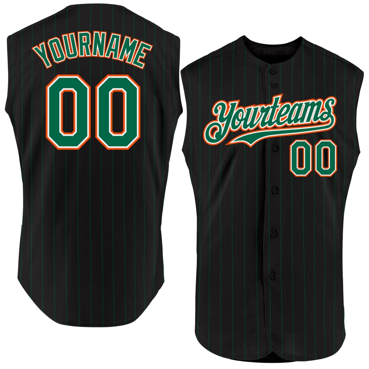 Custom Black Kelly Green Pinstripe White-Orange Authentic Sleeveless Baseball Jersey baseball jersey product view 1