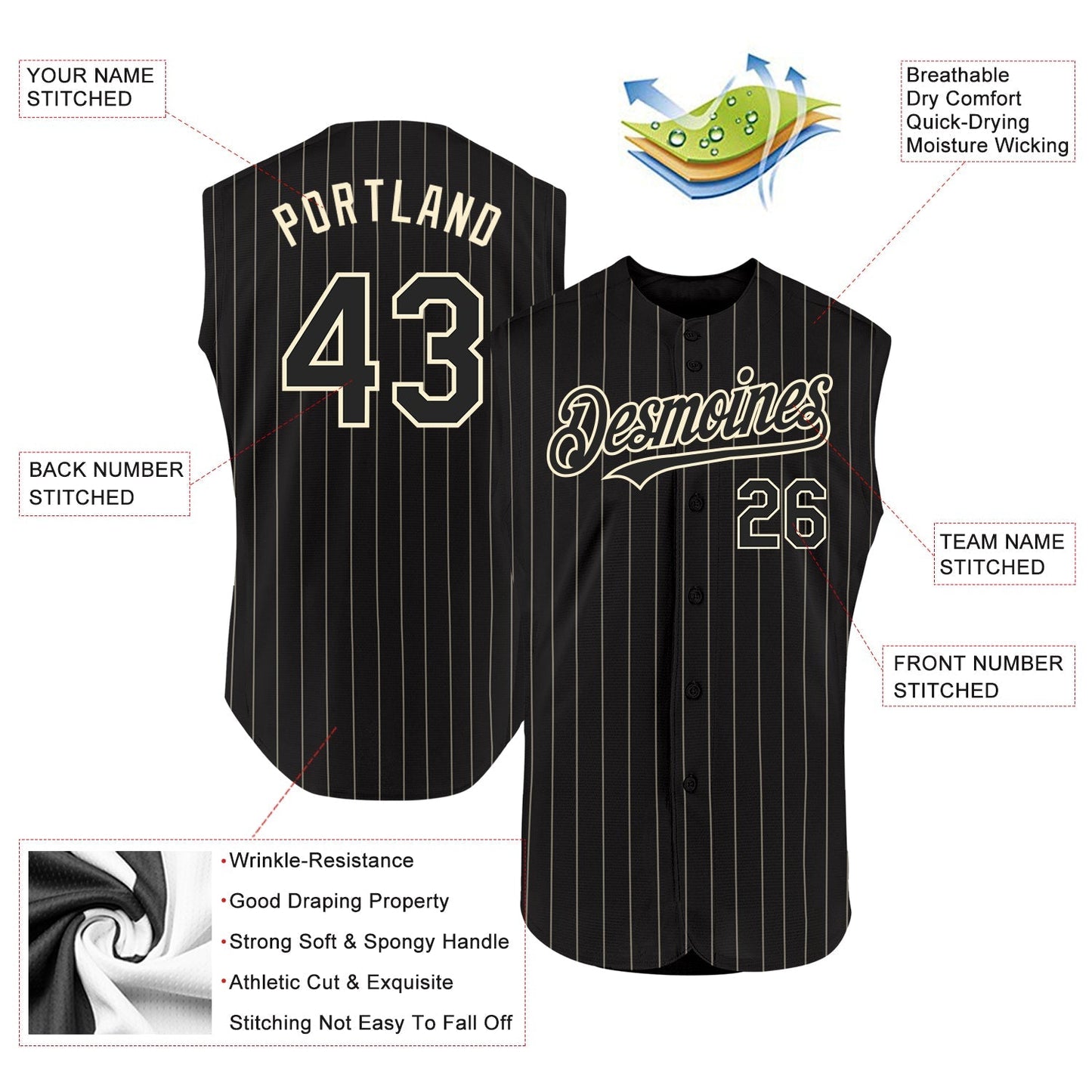 Custom Black Cream Pinstripe Cream Authentic Sleeveless Baseball Jersey baseball jersey product view 2