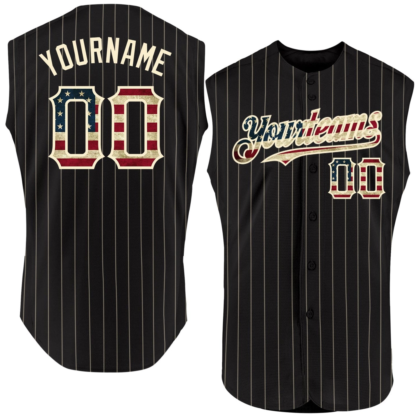 Custom Black Cream Pinstripe Vintage USA Flag Authentic Sleeveless Baseball Jersey baseball jersey product view 1