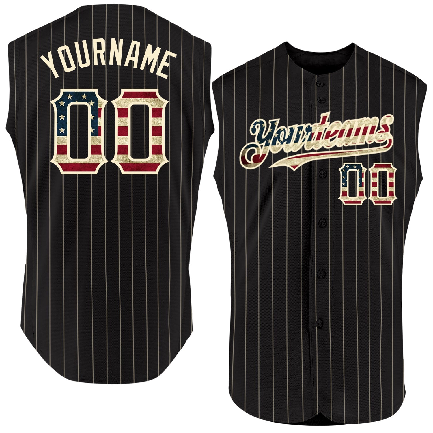 Custom Black Cream Pinstripe Vintage USA Flag Authentic Sleeveless Baseball Jersey baseball jersey product view 1