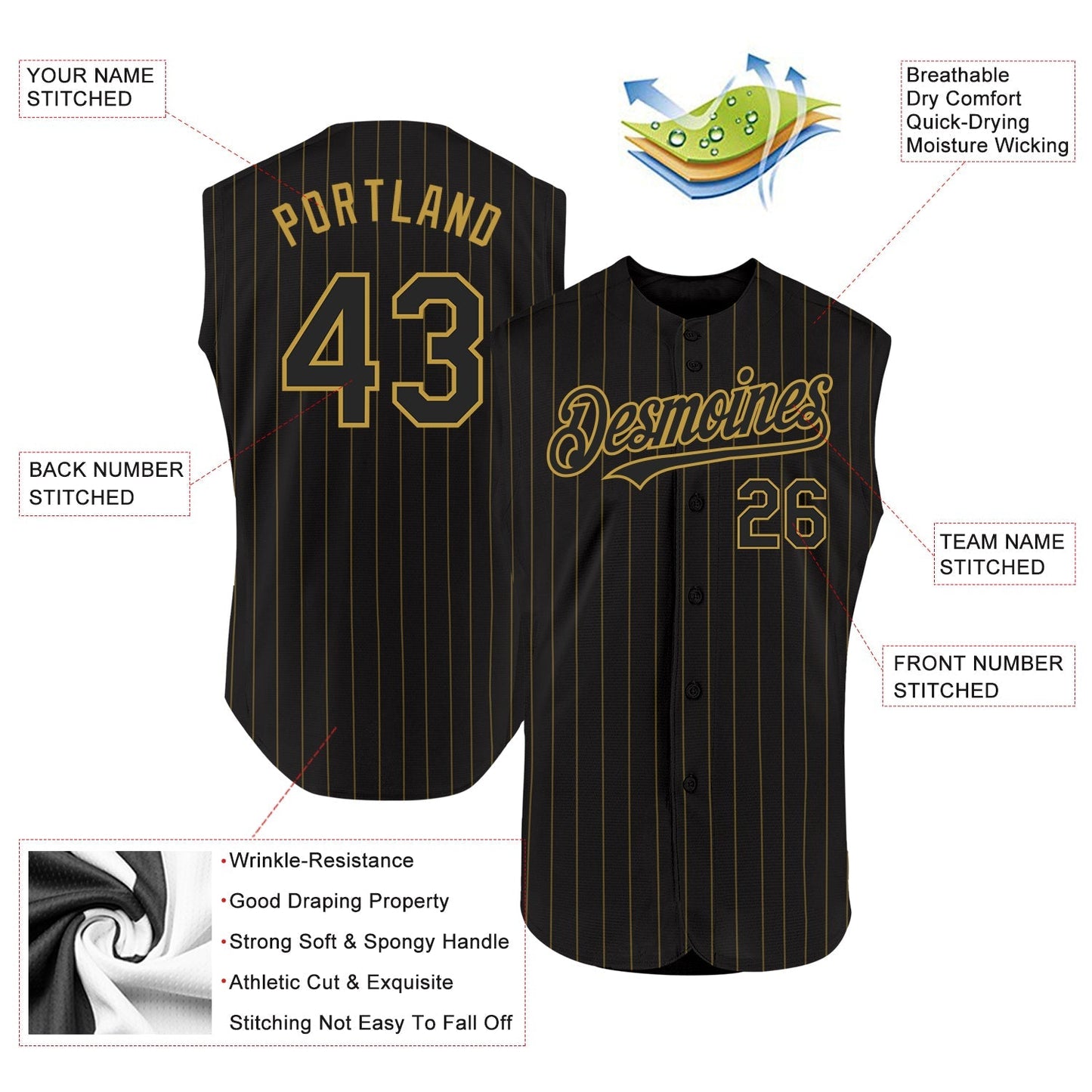 Custom Black Old Gold Pinstripe Old Gold Authentic Sleeveless Baseball Jersey baseball jersey product view 2