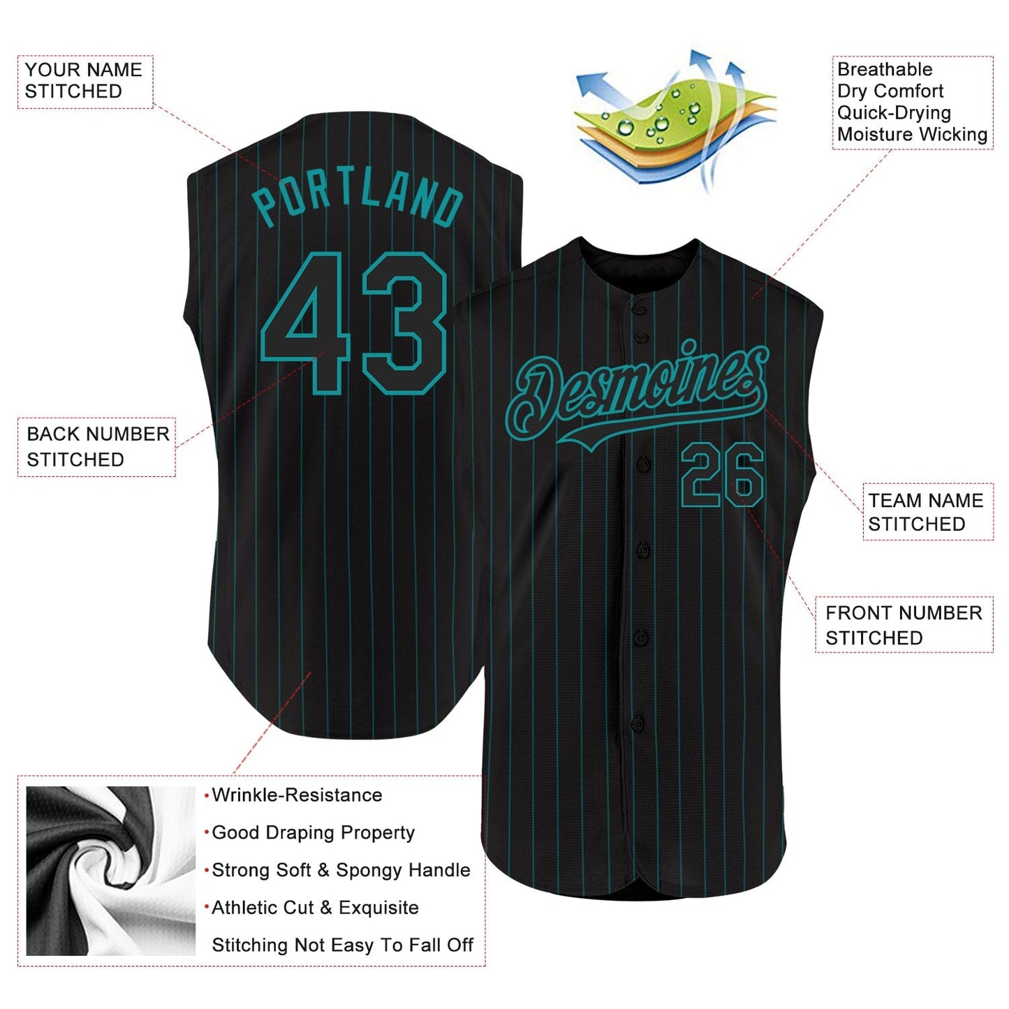 Custom Black Teal Pinstripe Teal Authentic Sleeveless Baseball Jersey baseball jersey product view 2