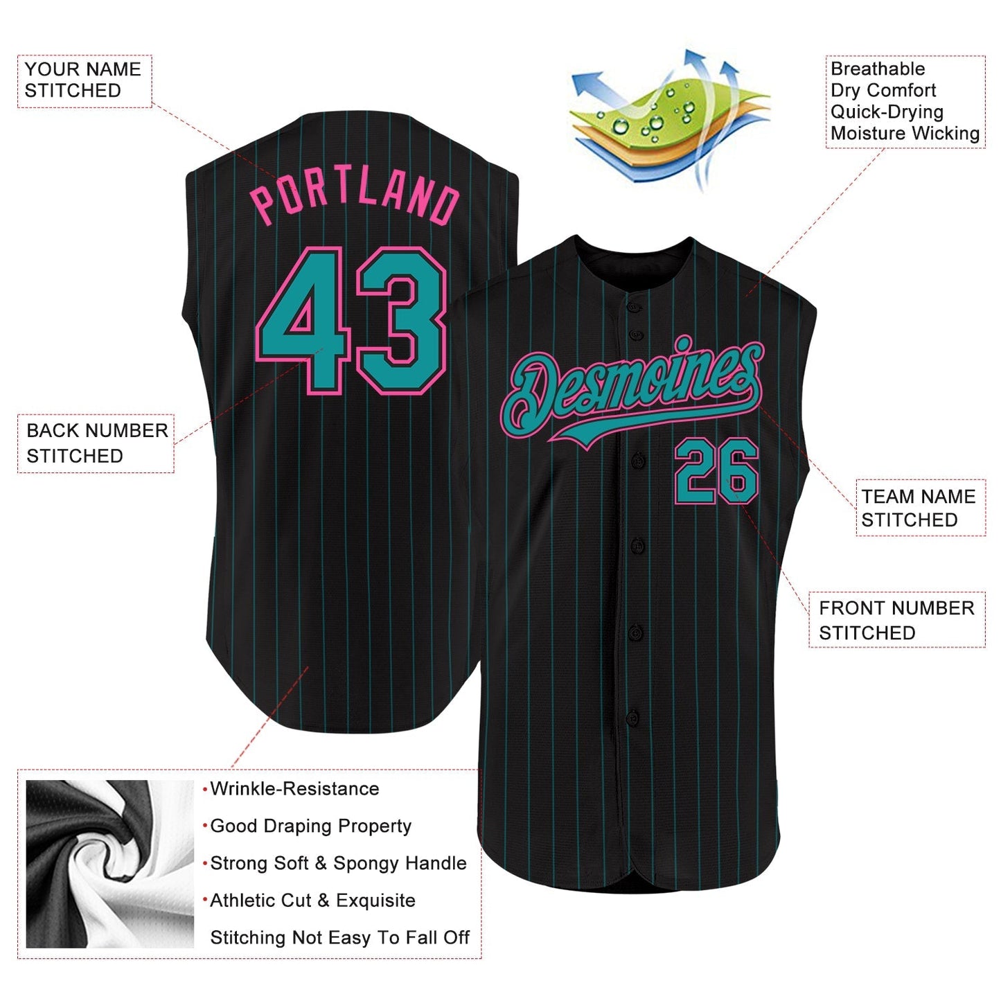 Custom Black Teal Pinstripe Pink Authentic Sleeveless Baseball Jersey baseball jersey product view 2
